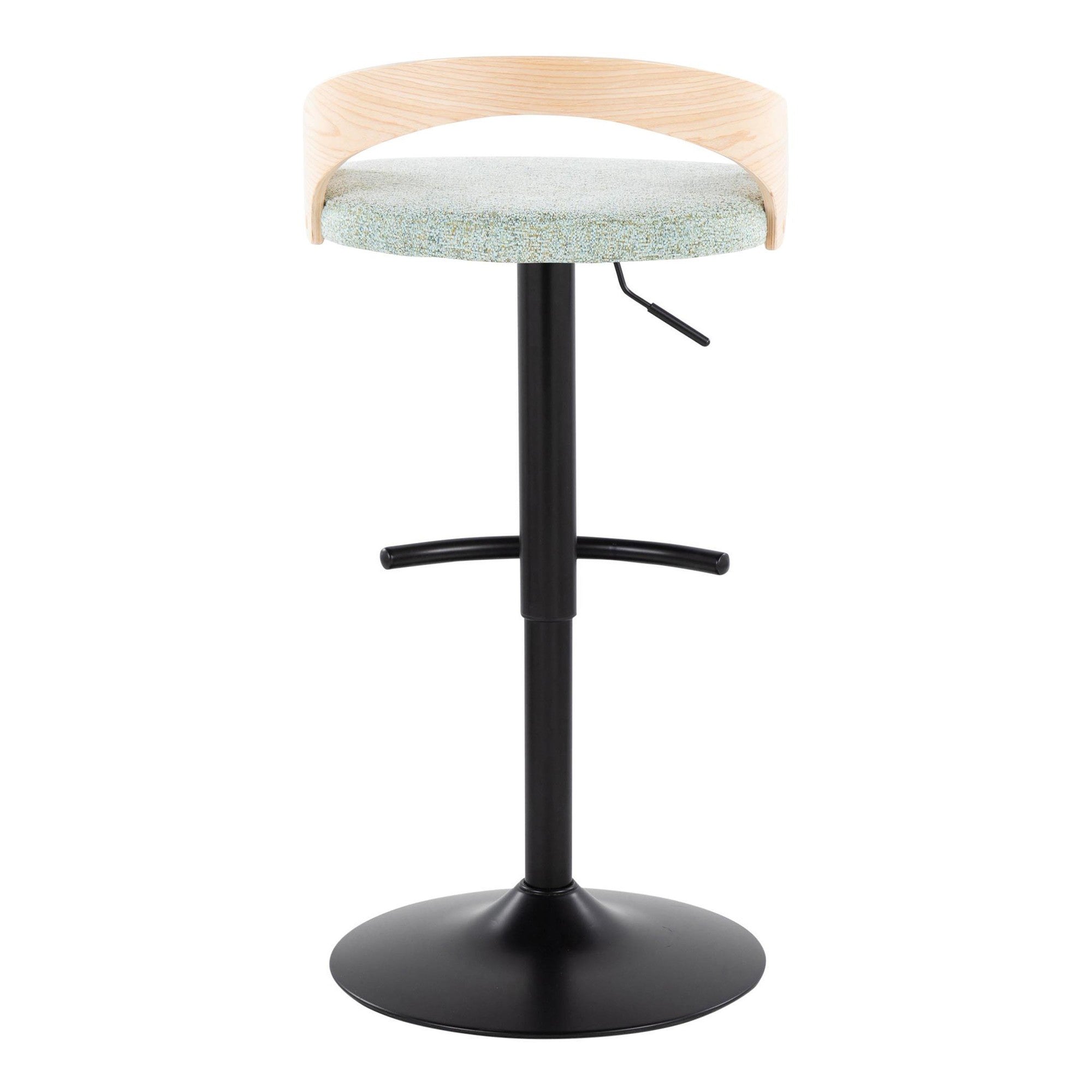 Grotto Adjustable Barstool - Black Metal, Natural Wood, Light Green Fabric