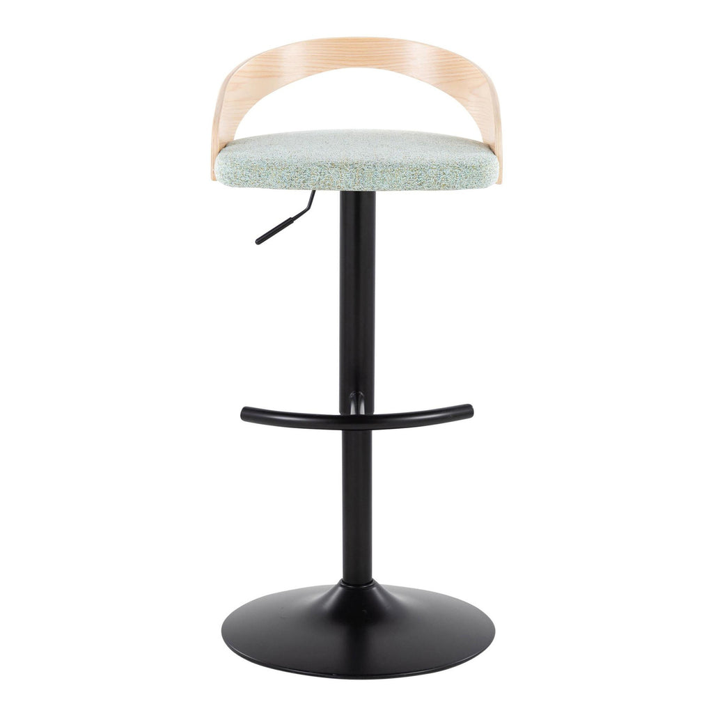Grotto Adjustable Barstool - Black Metal, Natural Wood, Light Green Fabric