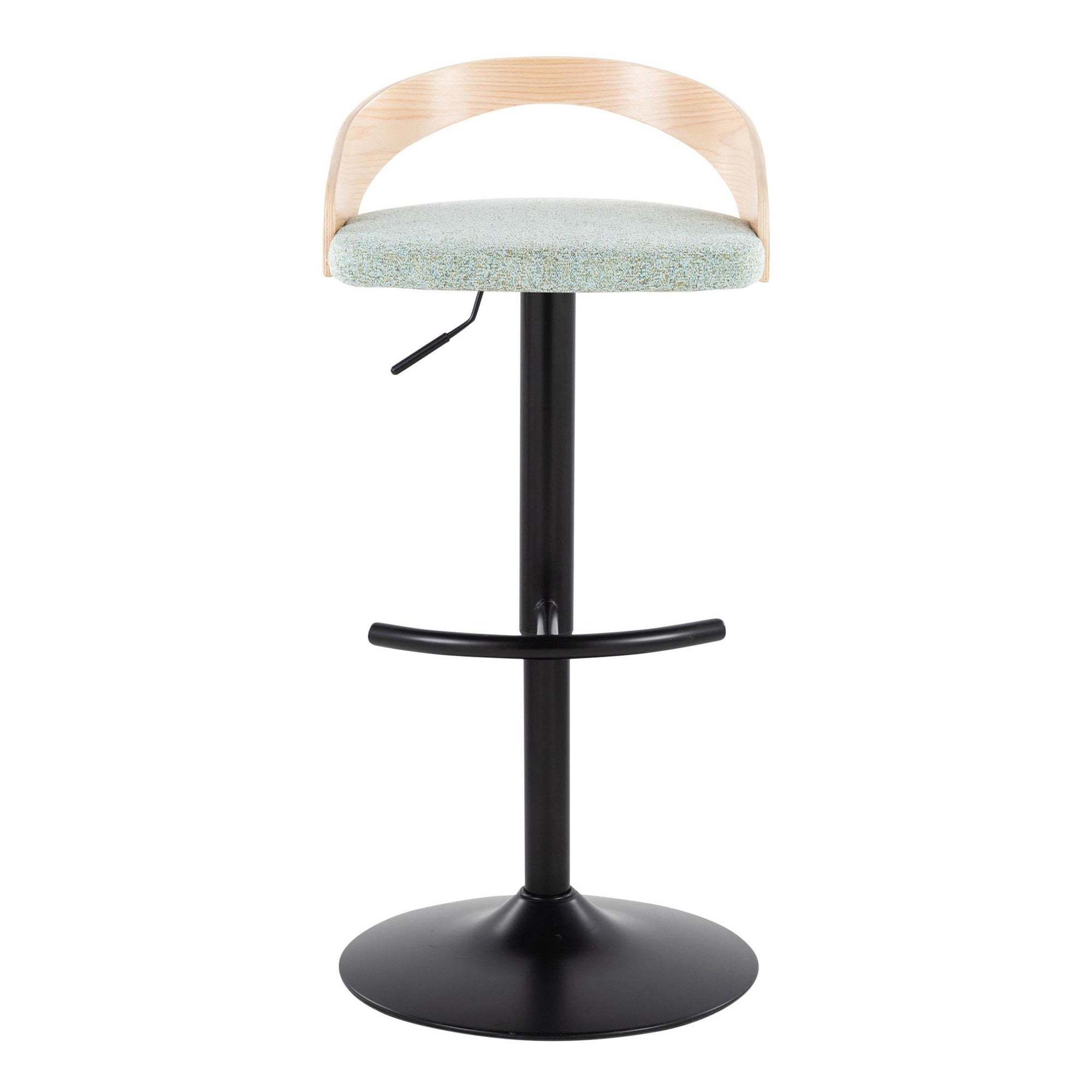 Grotto Adjustable Barstool - Black Metal, Natural Wood, Light Green Fabric