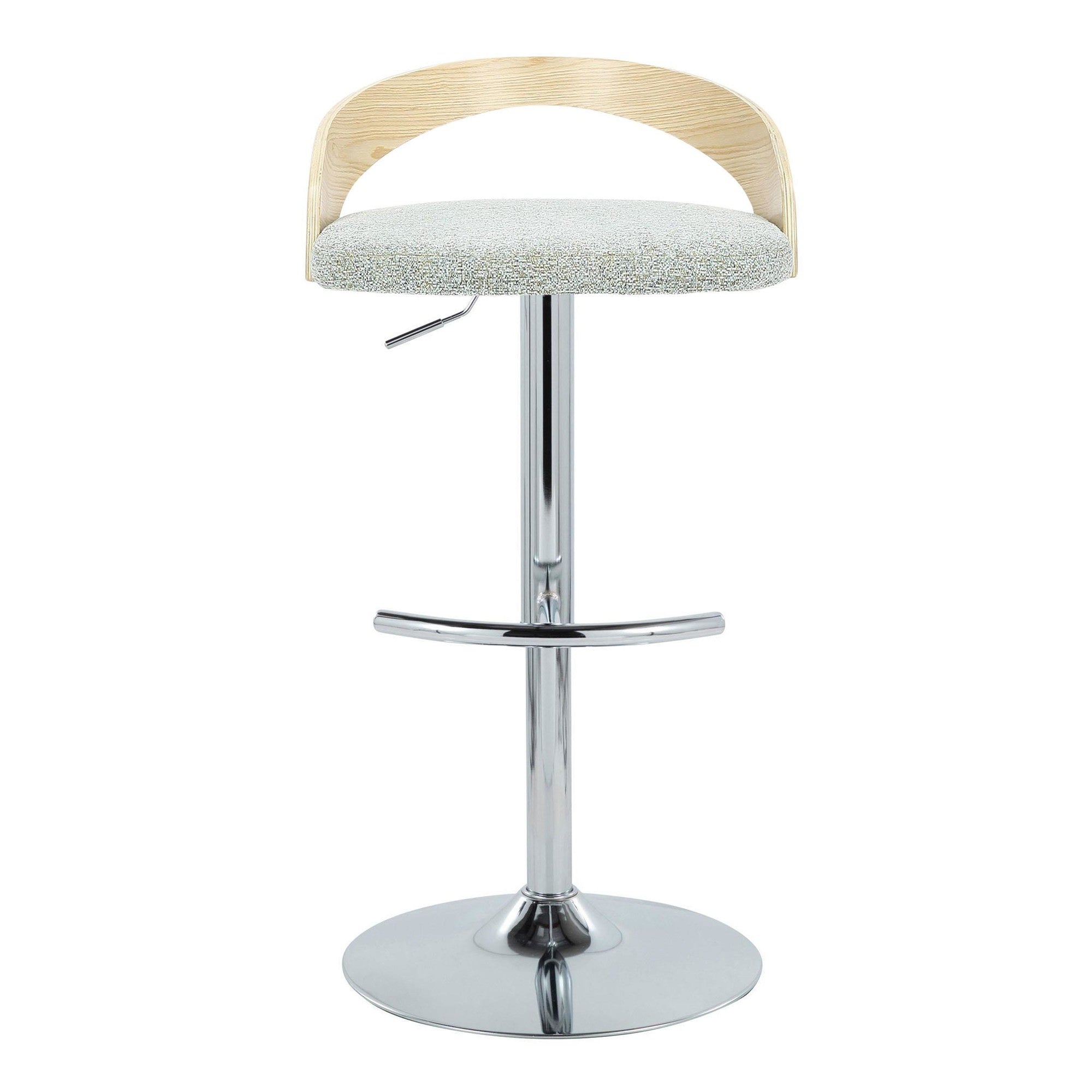 Grotto Adjustable Barstool - Chrome Metal, Natural Wood, Light Green Fabric