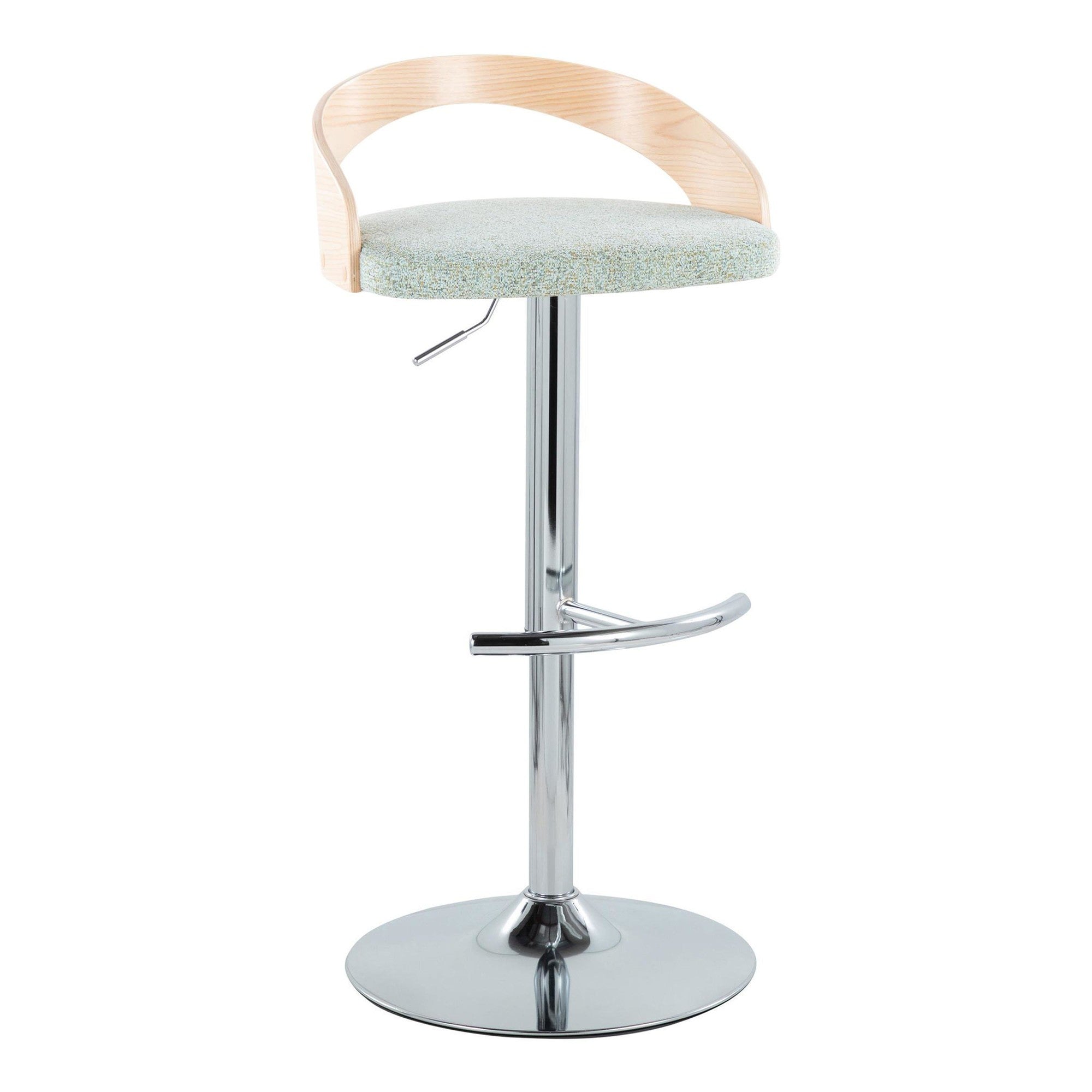 Grotto Adjustable Barstool - Chrome Metal, Natural Wood, Light Green Fabric