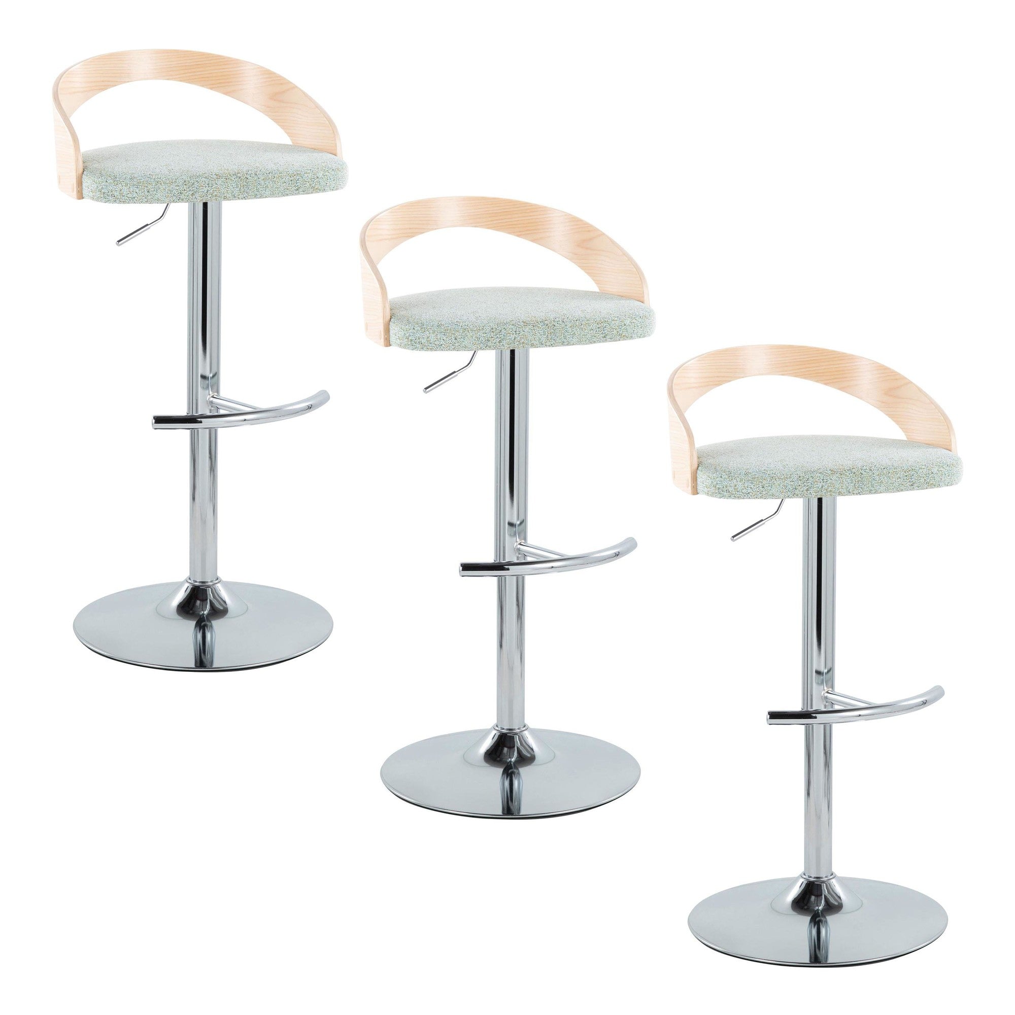 Grotto Adjustable Barstool - Set of 3 - Chrome Metal, Natural Wood, Light Green Fabric