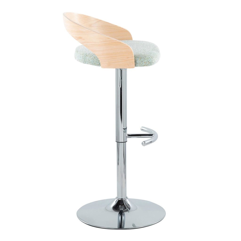 Grotto Adjustable Barstool - Chrome Metal, Natural Wood, Light Green Fabric