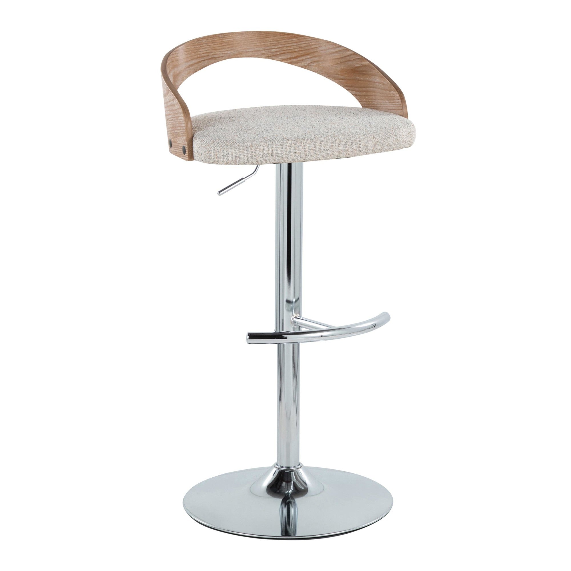Grotto Adjustable Barstool - Chrome Metal, Whitewashed Wood, Oat Fabric
