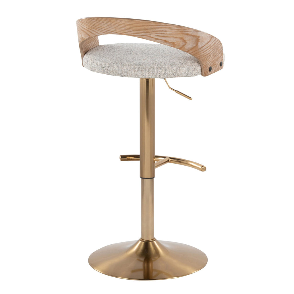 Grotto Adjustable Barstool - Set of 3 - Gold Metal, Whitewashed Wood, Oat Fabric