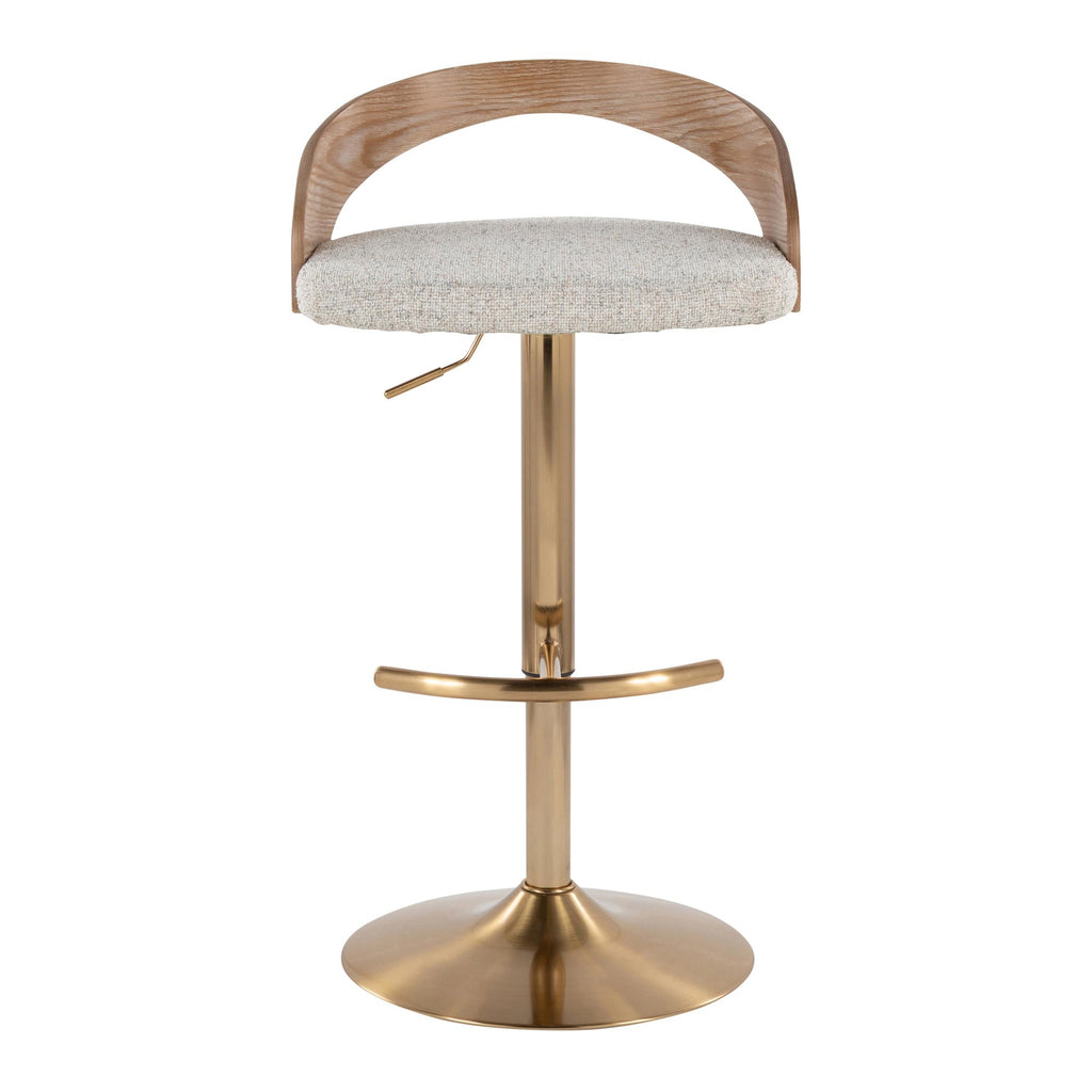 Grotto Adjustable Barstool - Set of 3 - Gold Metal, Whitewashed Wood, Oat Fabric