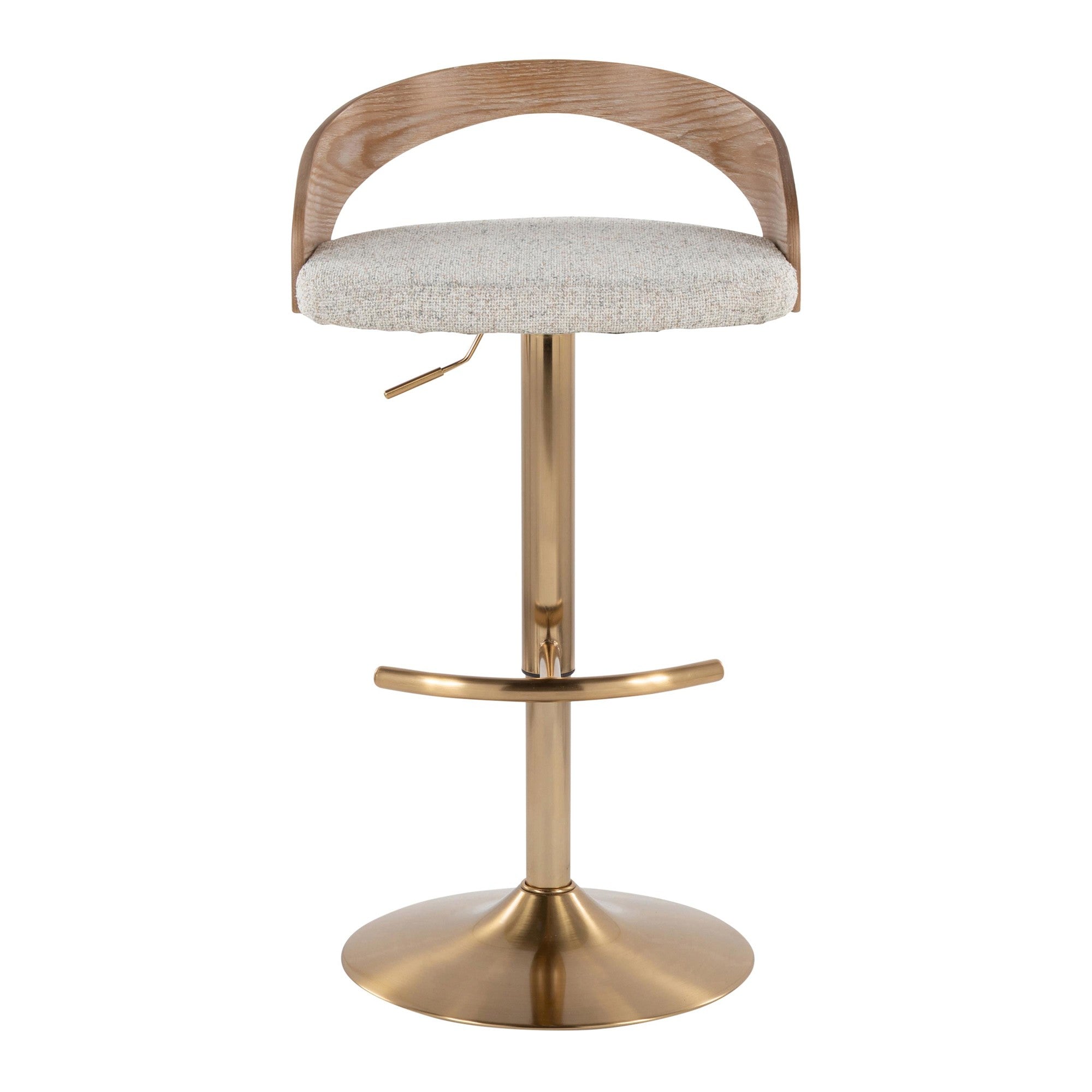 Grotto Adjustable Barstool - Set of 3 - Gold Metal, Whitewashed Wood, Oat Fabric
