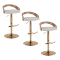 Grotto Adjustable Barstool - Set of 3 - Gold Metal, Whitewashed Wood, Oat Fabric