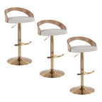Grotto Adjustable Barstool - Set of 3 - Gold Metal, Whitewashed Wood, Oat Fabric