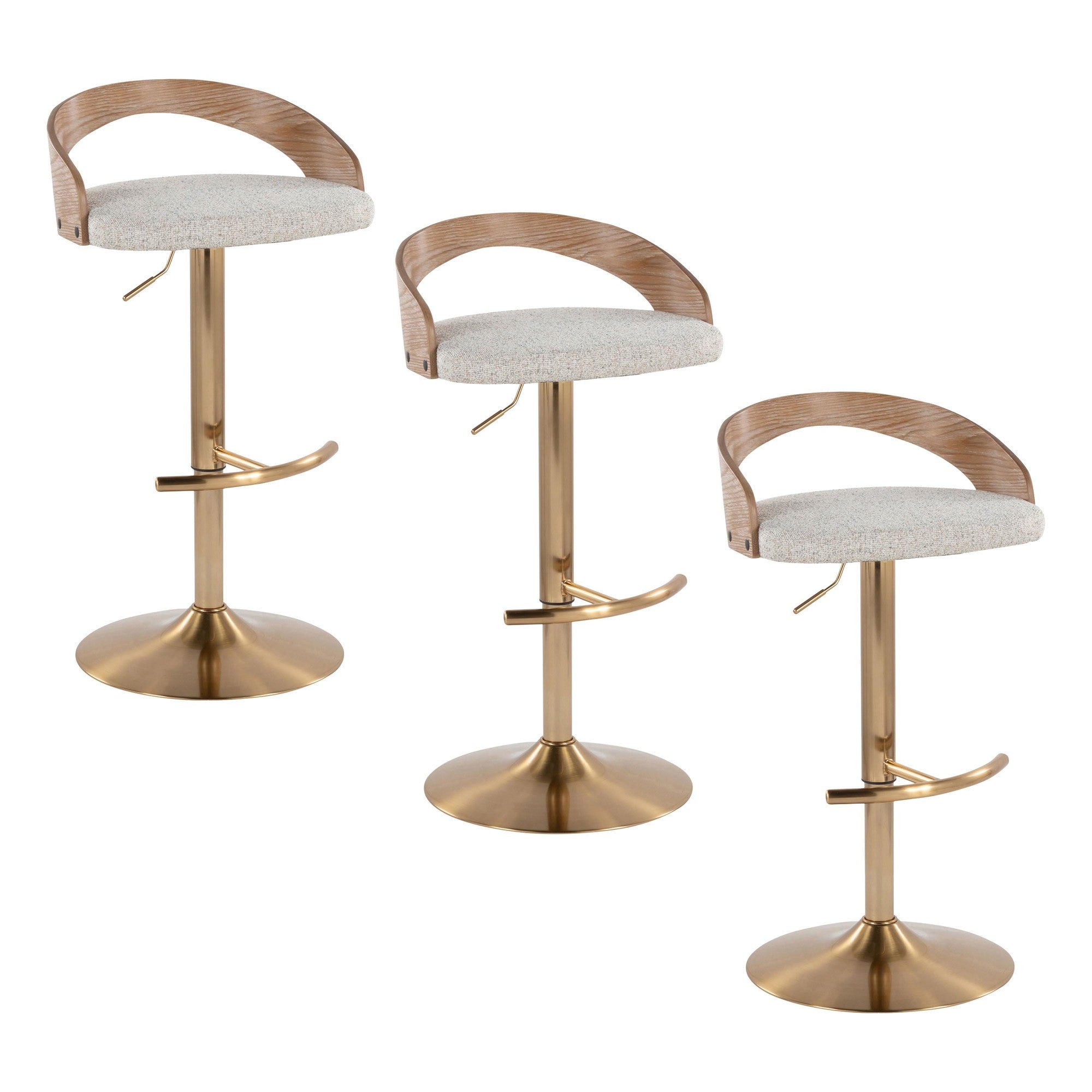 Grotto Adjustable Barstool - Set of 3 - Gold Metal, Whitewashed Wood, Oat Fabric