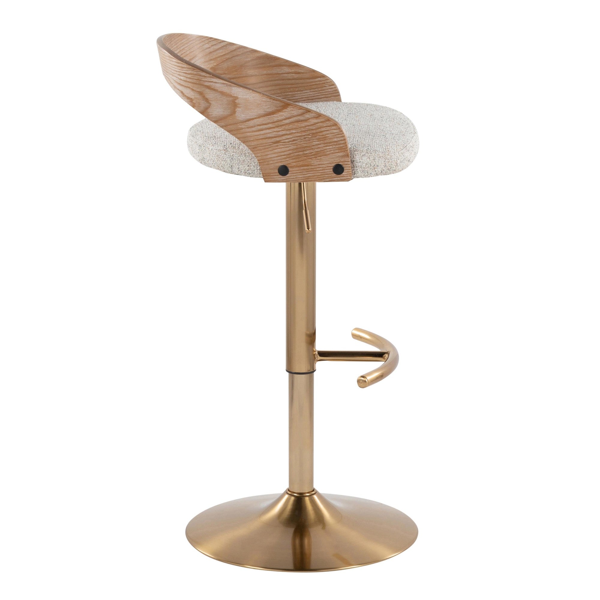 Grotto Adjustable Barstool - Set of 3 - Gold Metal, Whitewashed Wood, Oat Fabric