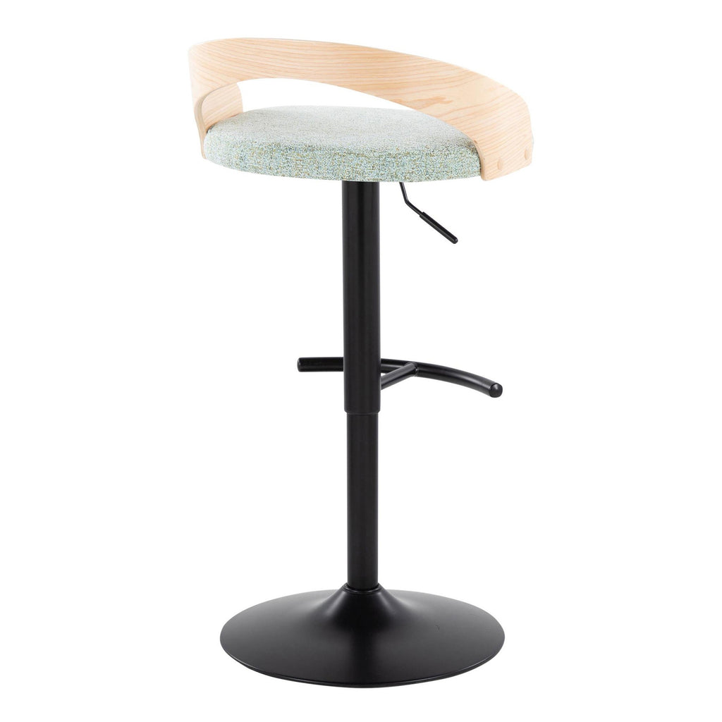 Grotto Adjustable Barstool - Set of 3 - Black Metal, Natural Wood, Light Green Fabric