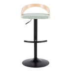 Grotto Adjustable Barstool - Set of 3 - Black Metal, Natural Wood, Light Green Fabric