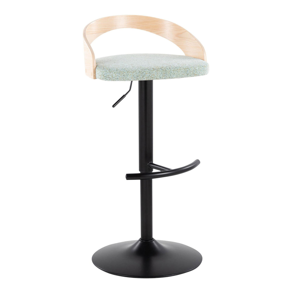 Grotto Adjustable Barstool - Set of 3 - Black Metal, Natural Wood, Light Green Fabric