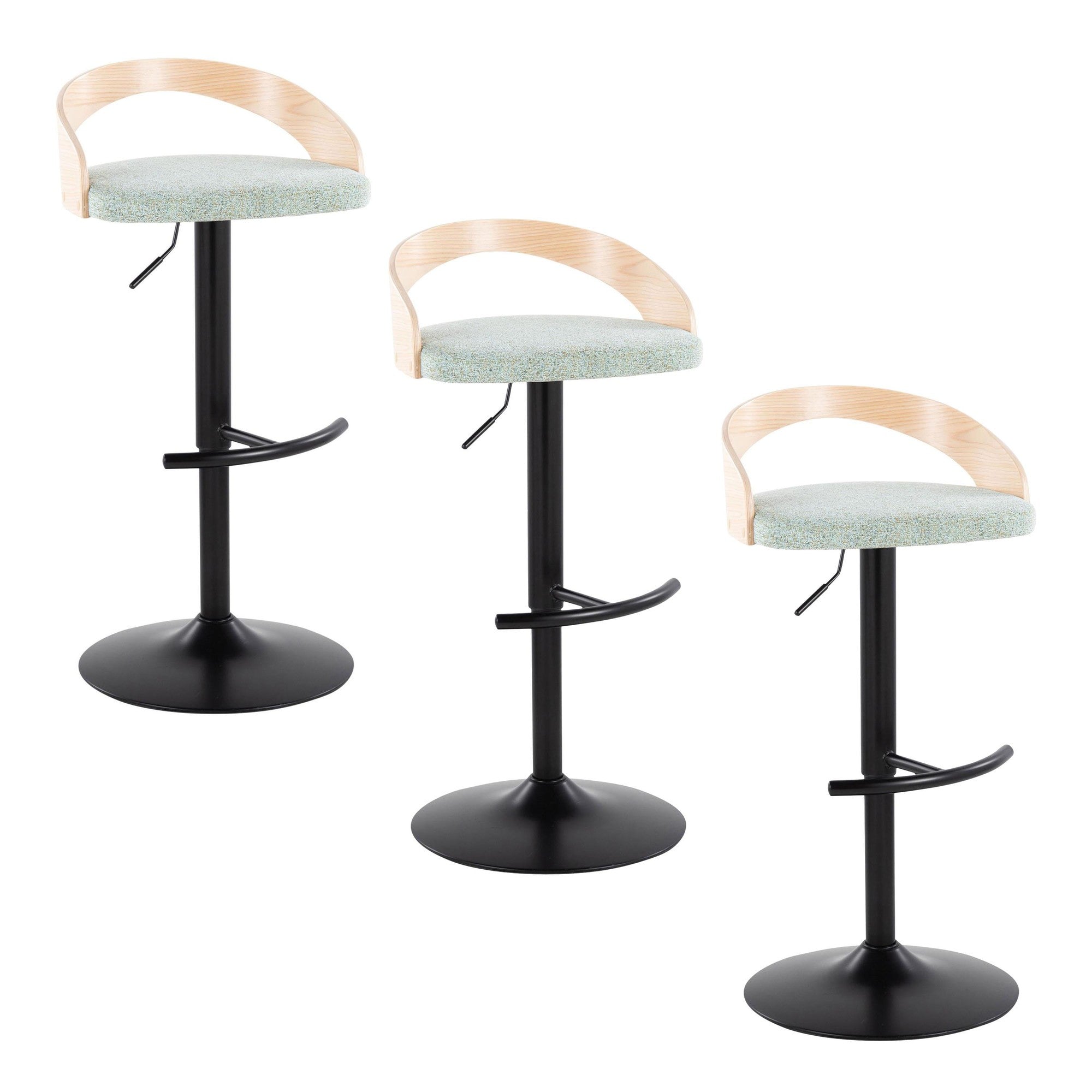 Grotto Adjustable Barstool - Set of 3 - Black Metal, Natural Wood, Light Green Fabric