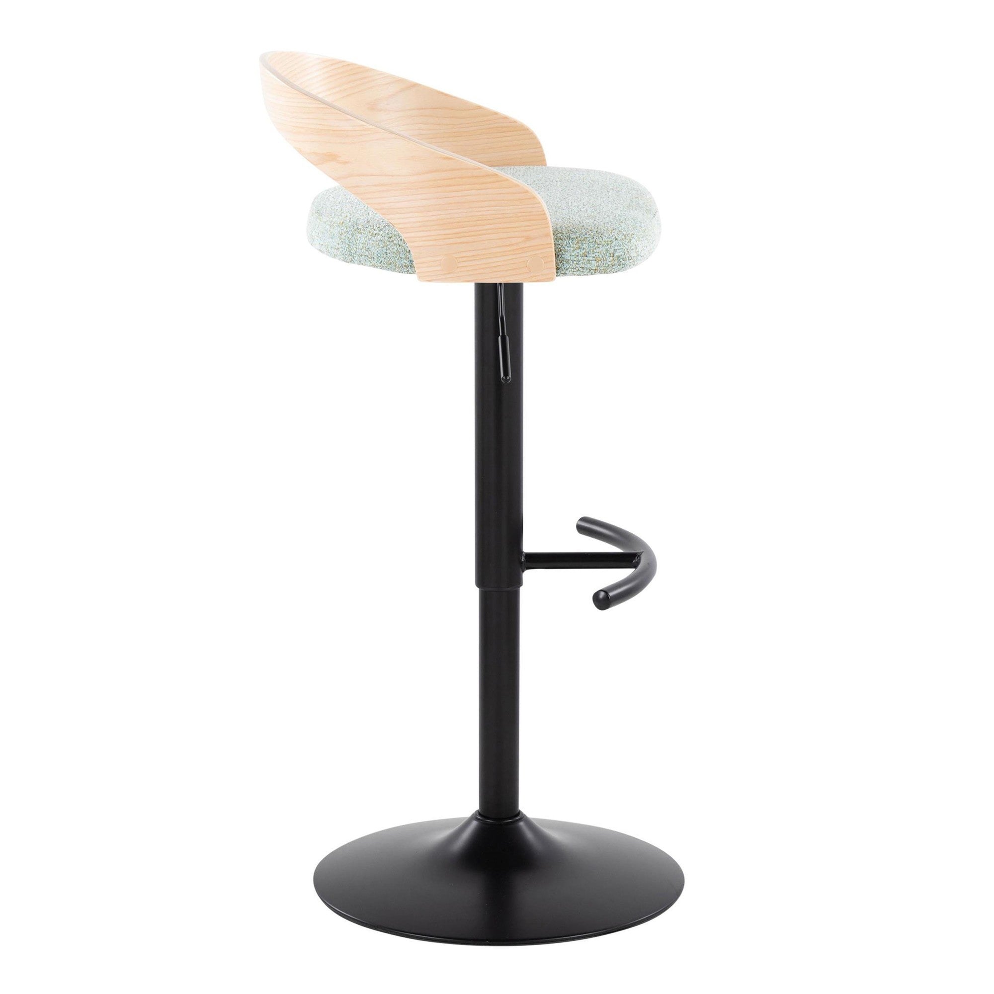 Grotto Adjustable Barstool - Set of 3 - Black Metal, Natural Wood, Light Green Fabric