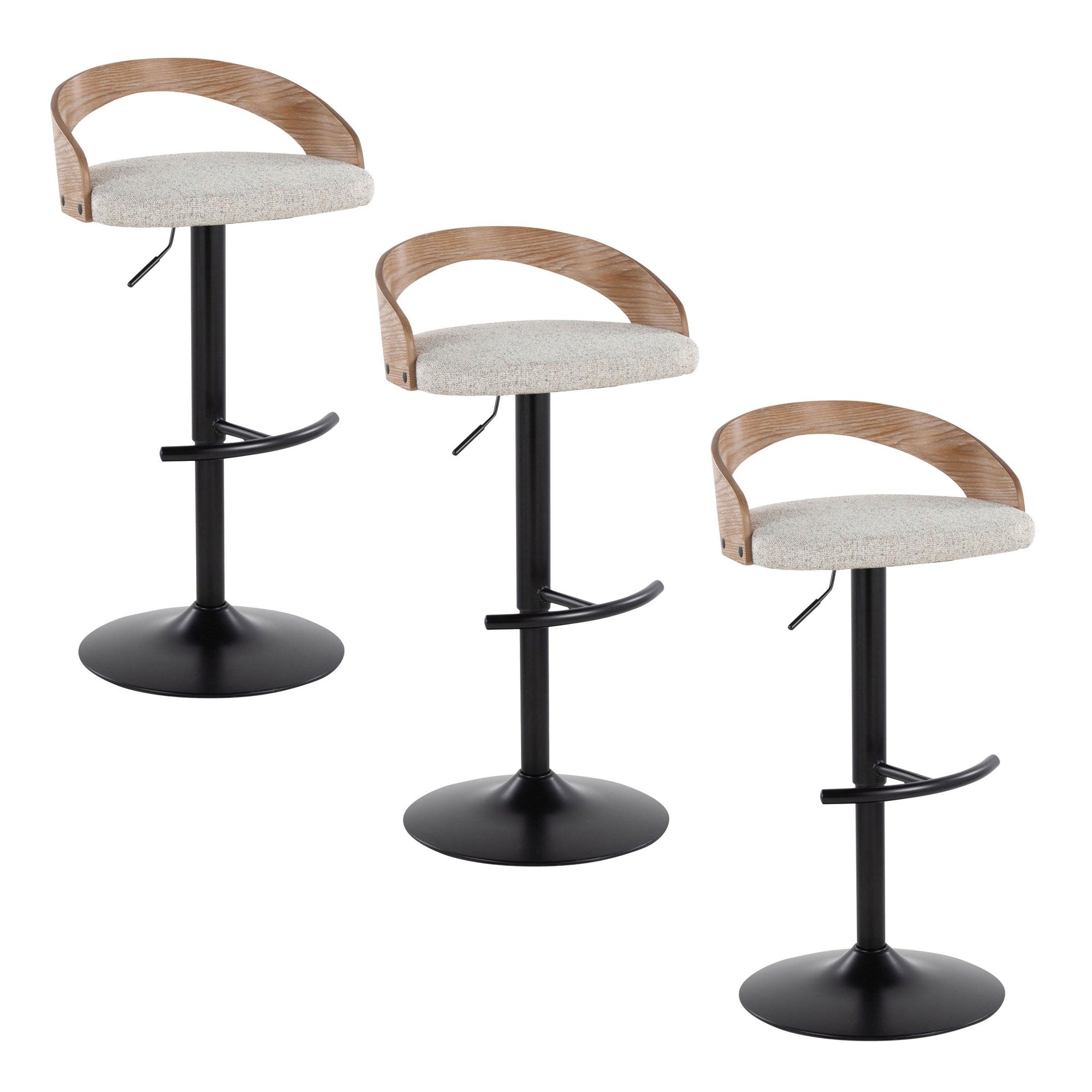 Grotto Adjustable Barstool - Set of 3 - Black Metal, Whitewashed Wood, Oat Fabric