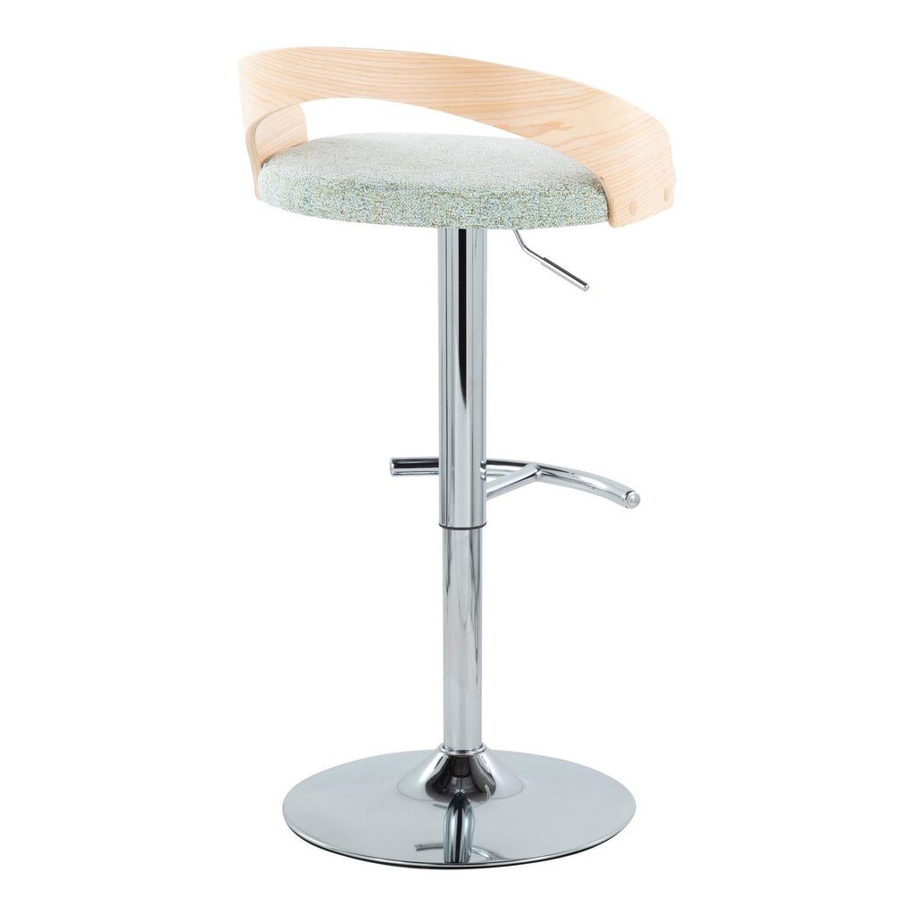 Grotto Adjustable Barstool - Set of 3 - Chrome Metal, Natural Wood, Light Green Fabric