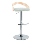 Grotto Adjustable Barstool - Set of 3 - Chrome Metal, Natural Wood, Light Green Fabric