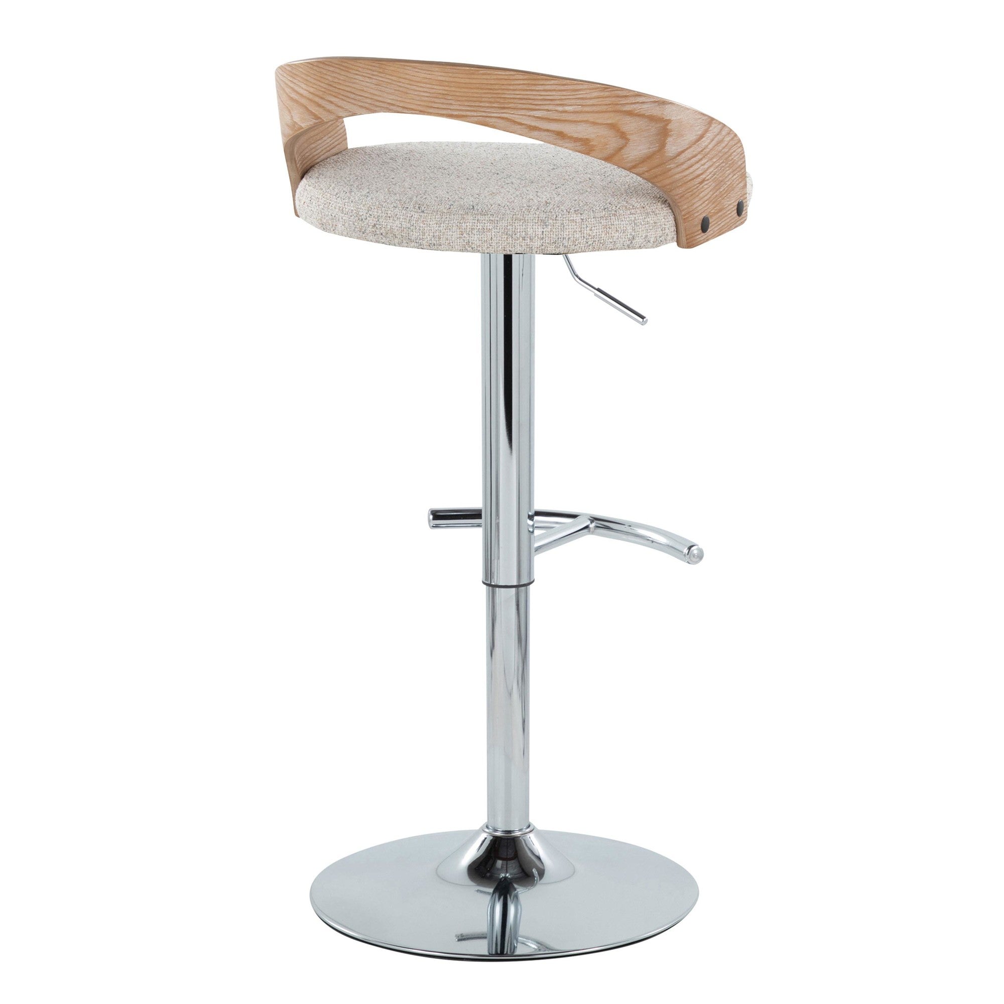 Grotto Adjustable Barstool - Set of 3 - Chrome Metal, Whitewashed Wood, Oat Fabric