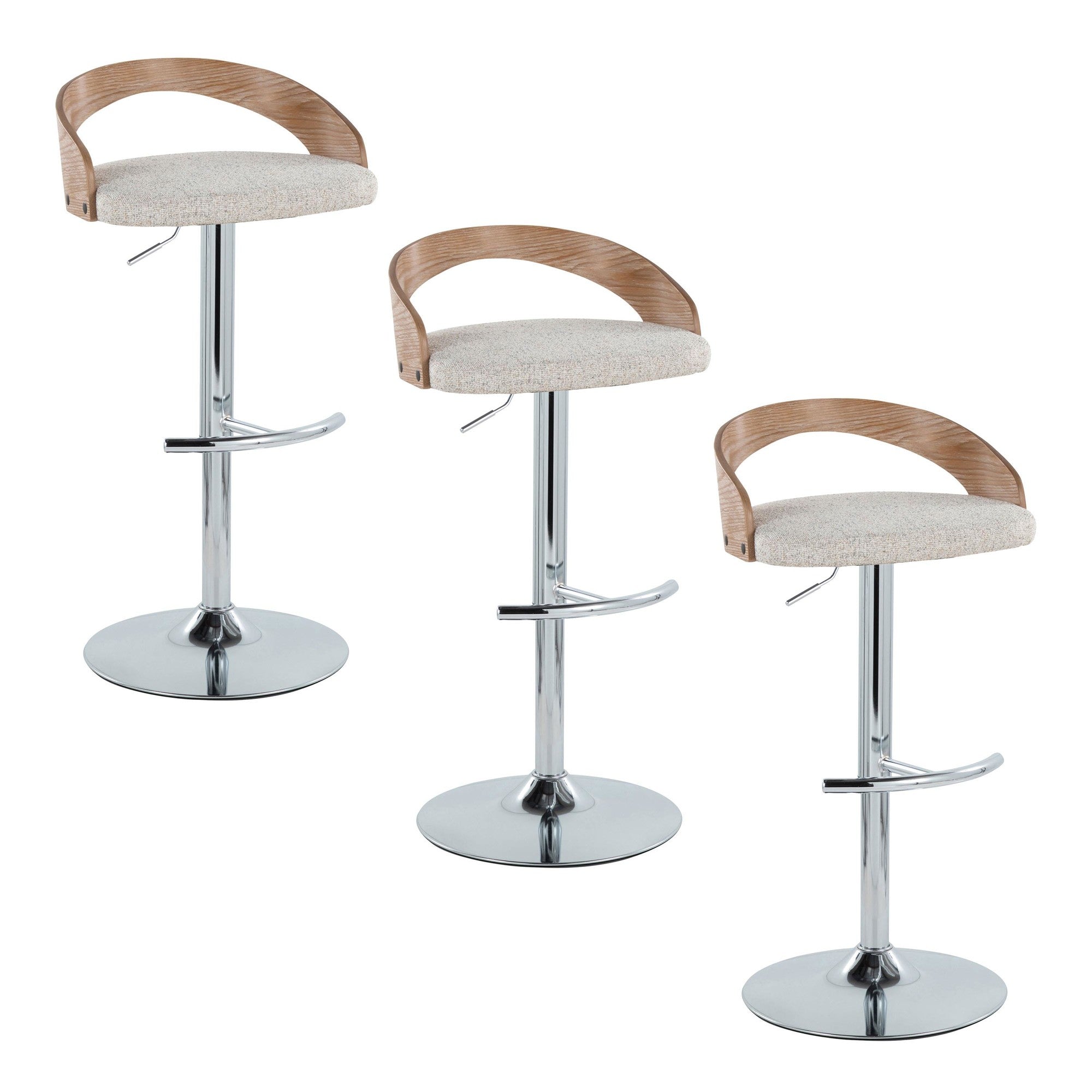 Grotto Adjustable Barstool - Set of 3 - Chrome Metal, Whitewashed Wood, Oat Fabric