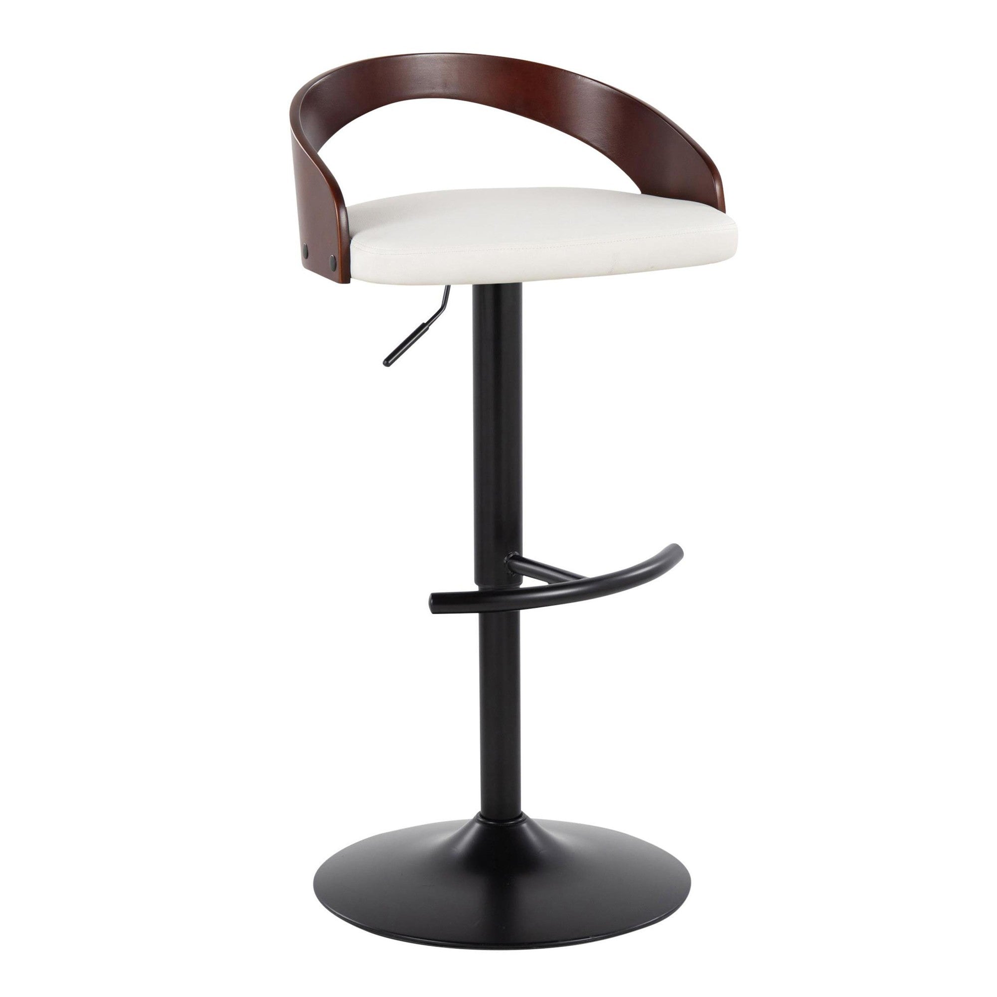 Grotto Adjustable Barstool - Black Metal, Mahogany Wood, White PU