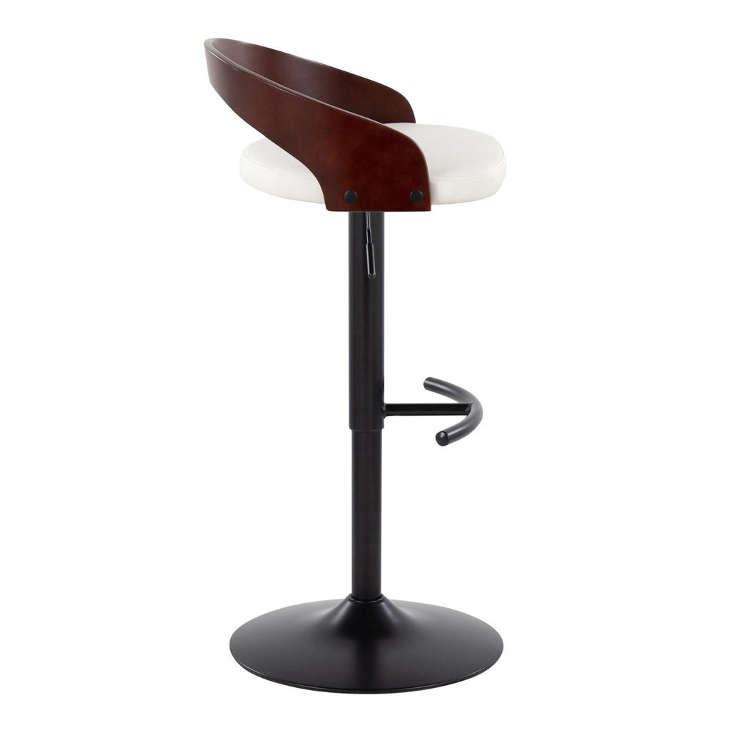 Grotto Adjustable Barstool - Black Metal, Mahogany Wood, White PU