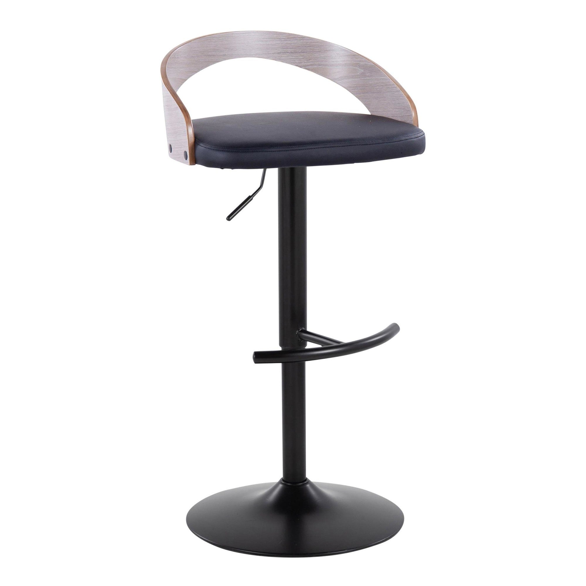 Grotto Adjustable Barstool - Black Metal, Light Grey Wood, Black PU