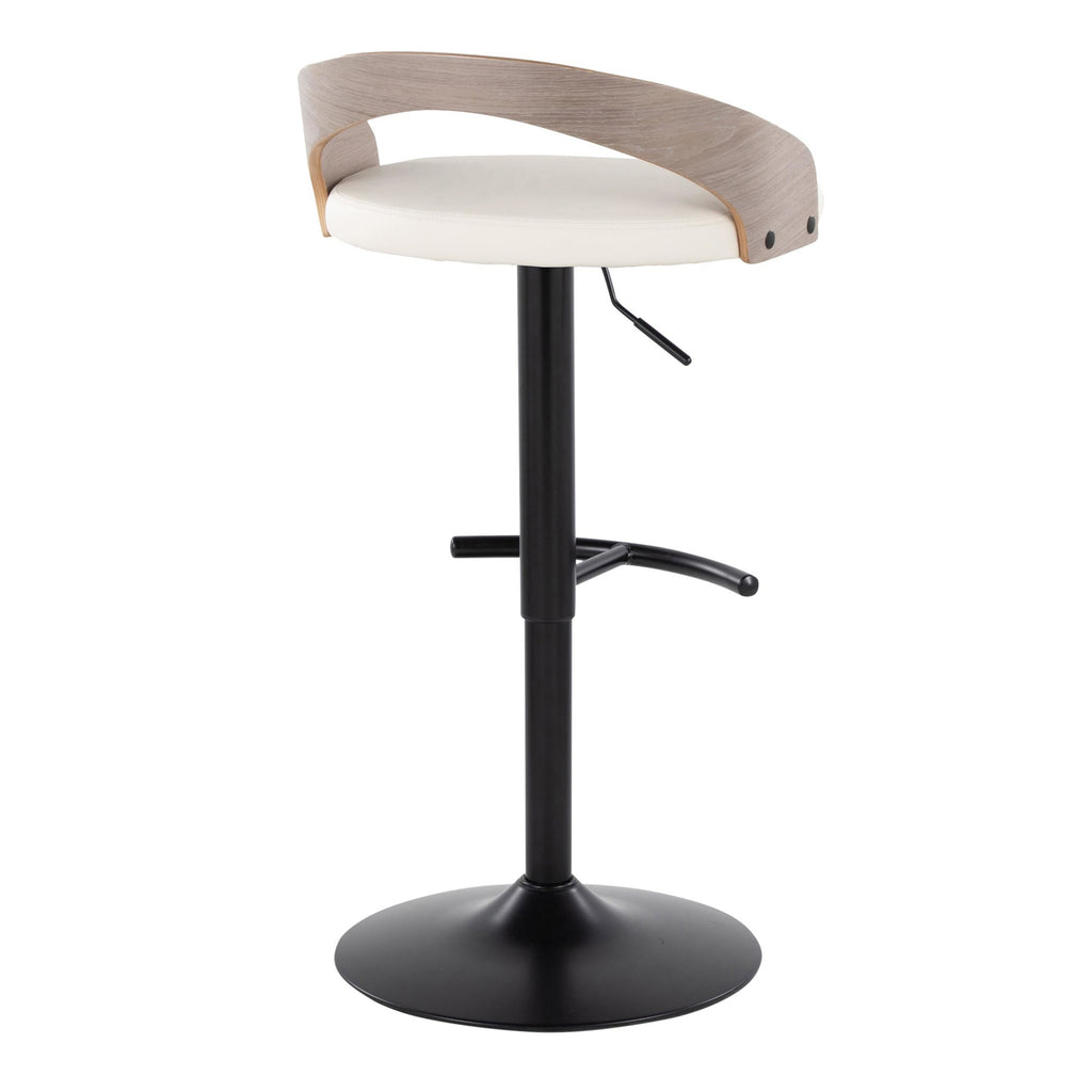 Grotto Adjustable Barstool - Black Metal, Light Grey Wood, White PU