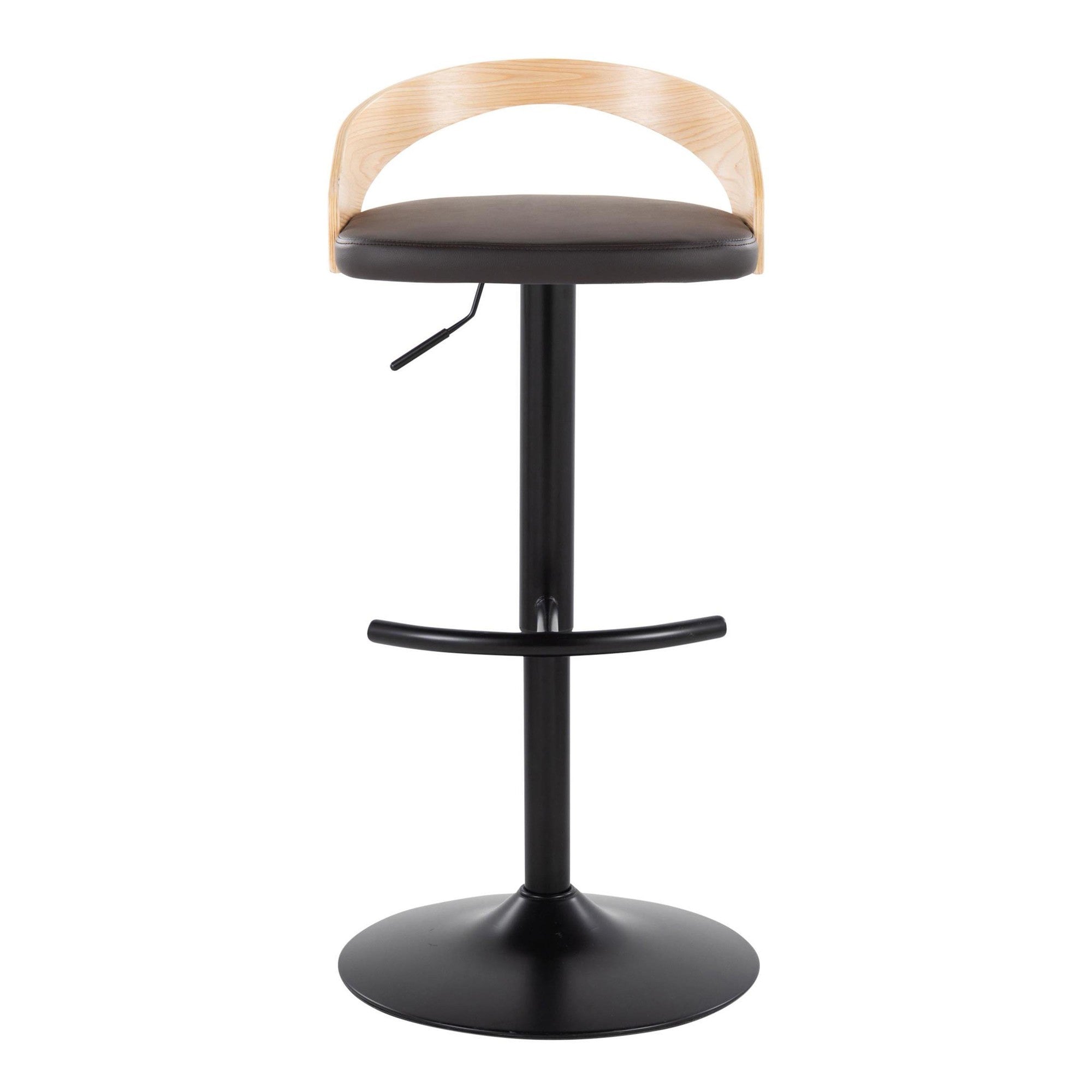 Grotto Adjustable Barstool - Set of 3 - Black Metal, Natural Wood, Brown PU