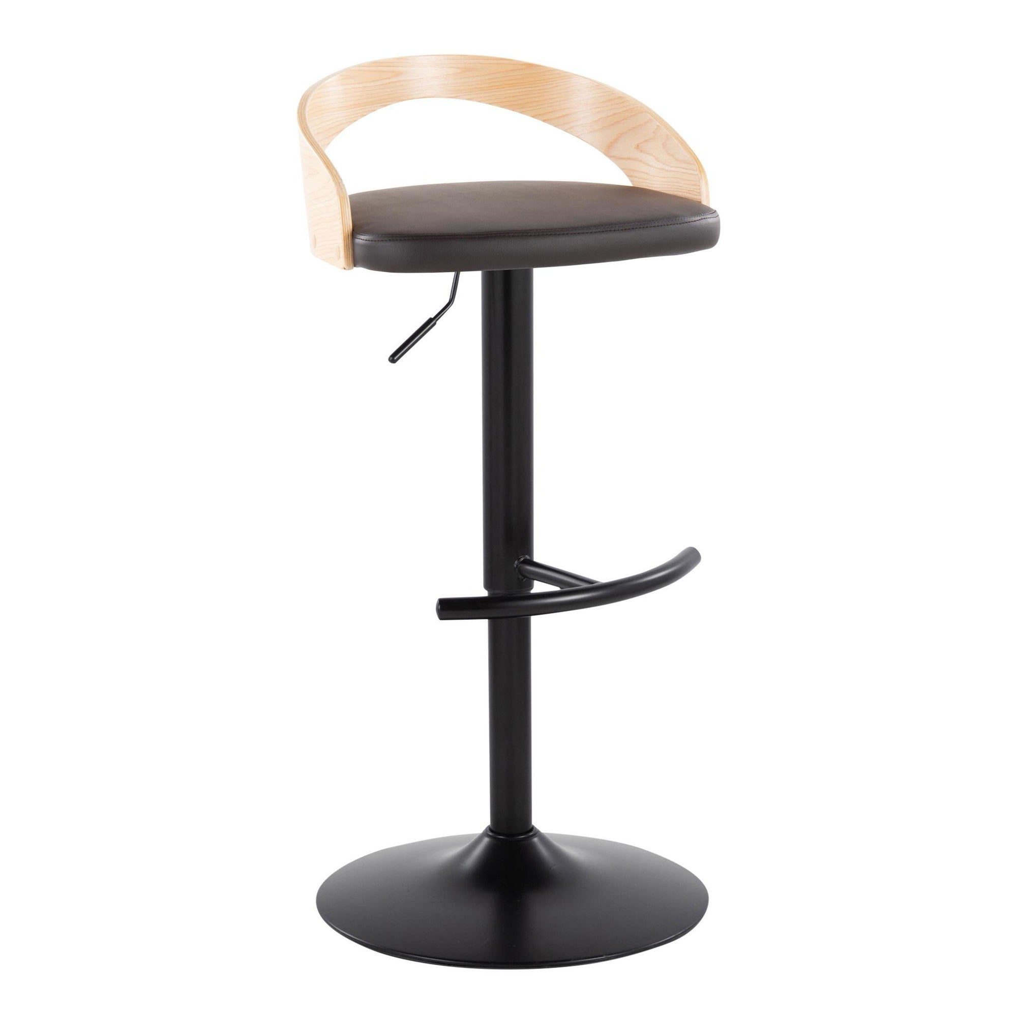 Grotto Adjustable Barstool - Black Metal, Natural Wood, Brown PU