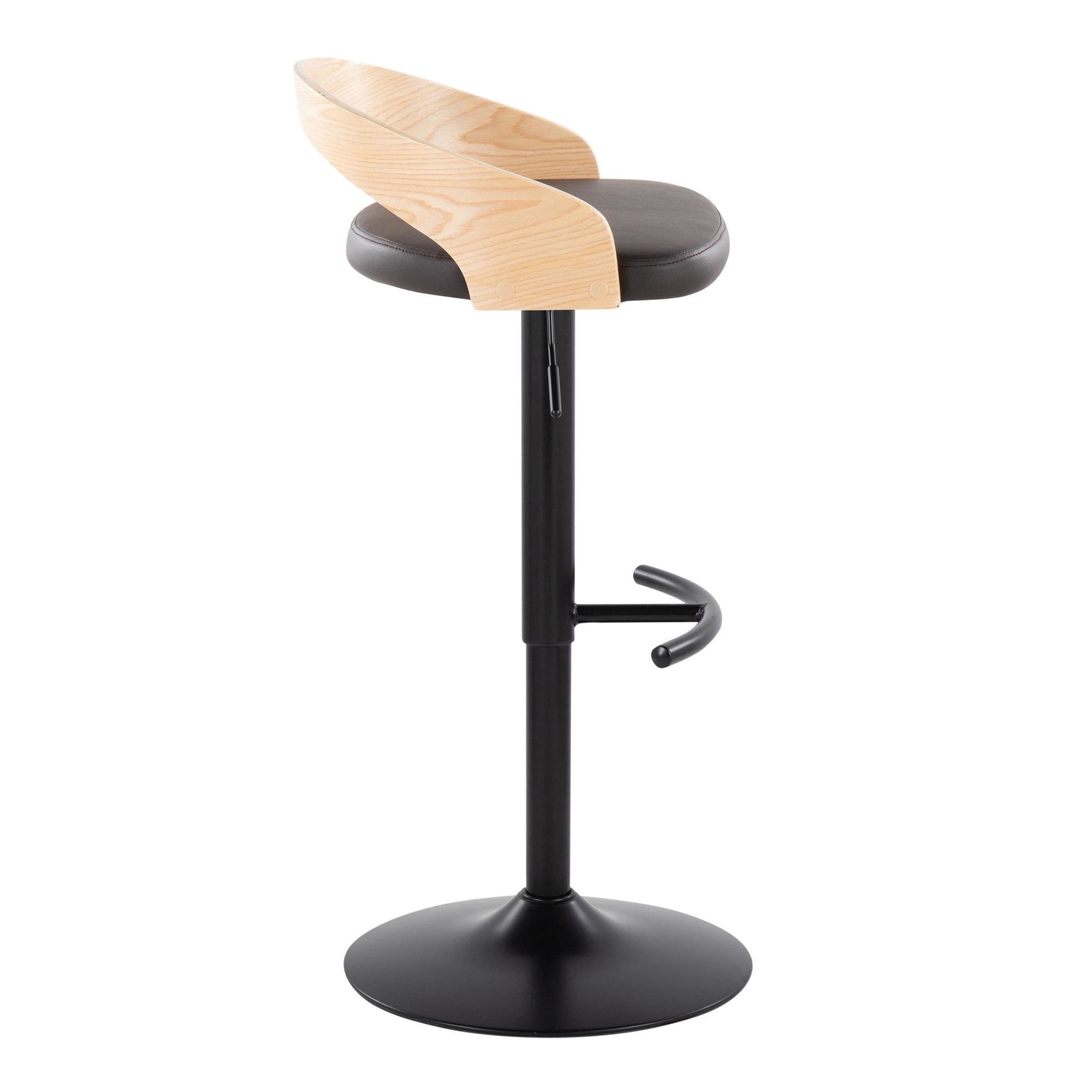 Grotto Adjustable Barstool - Black Metal, Natural Wood, Brown PU