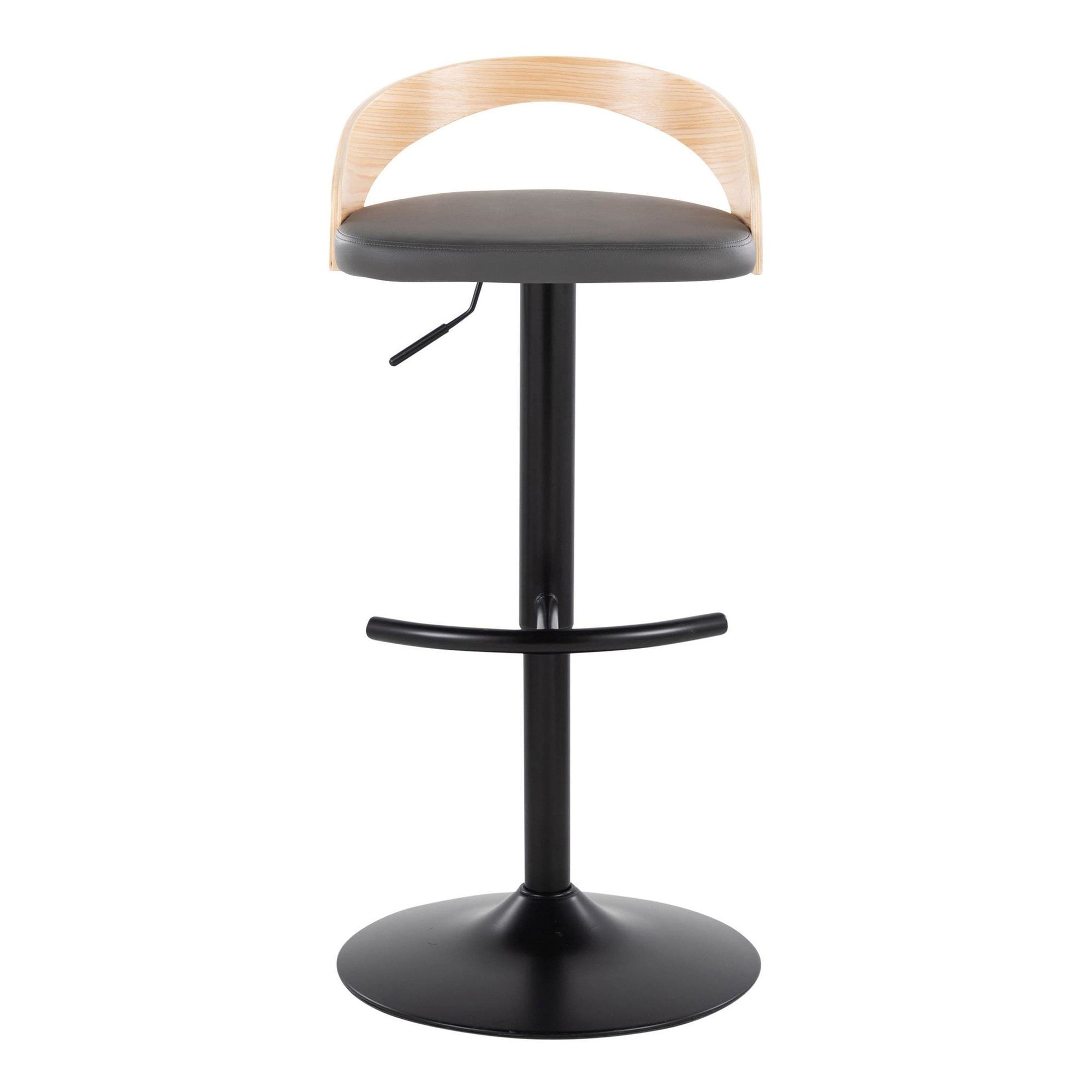 Grotto Adjustable Barstool - Black Metal, Natural Wood, Grey PU