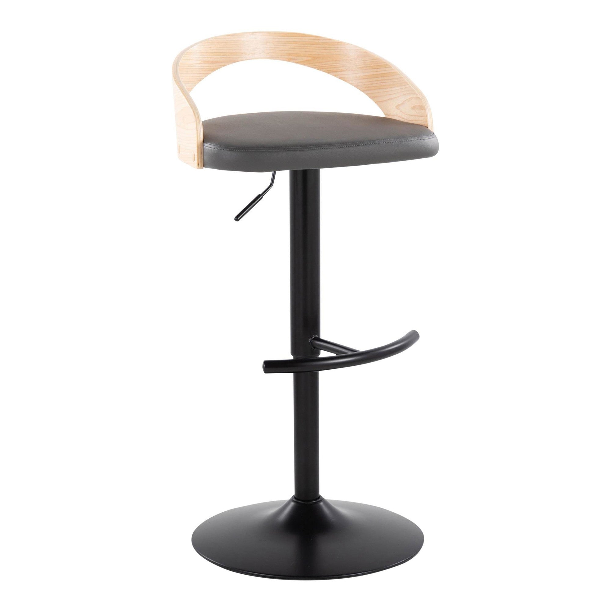 Grotto Adjustable Barstool - Black Metal, Natural Wood, Grey PU