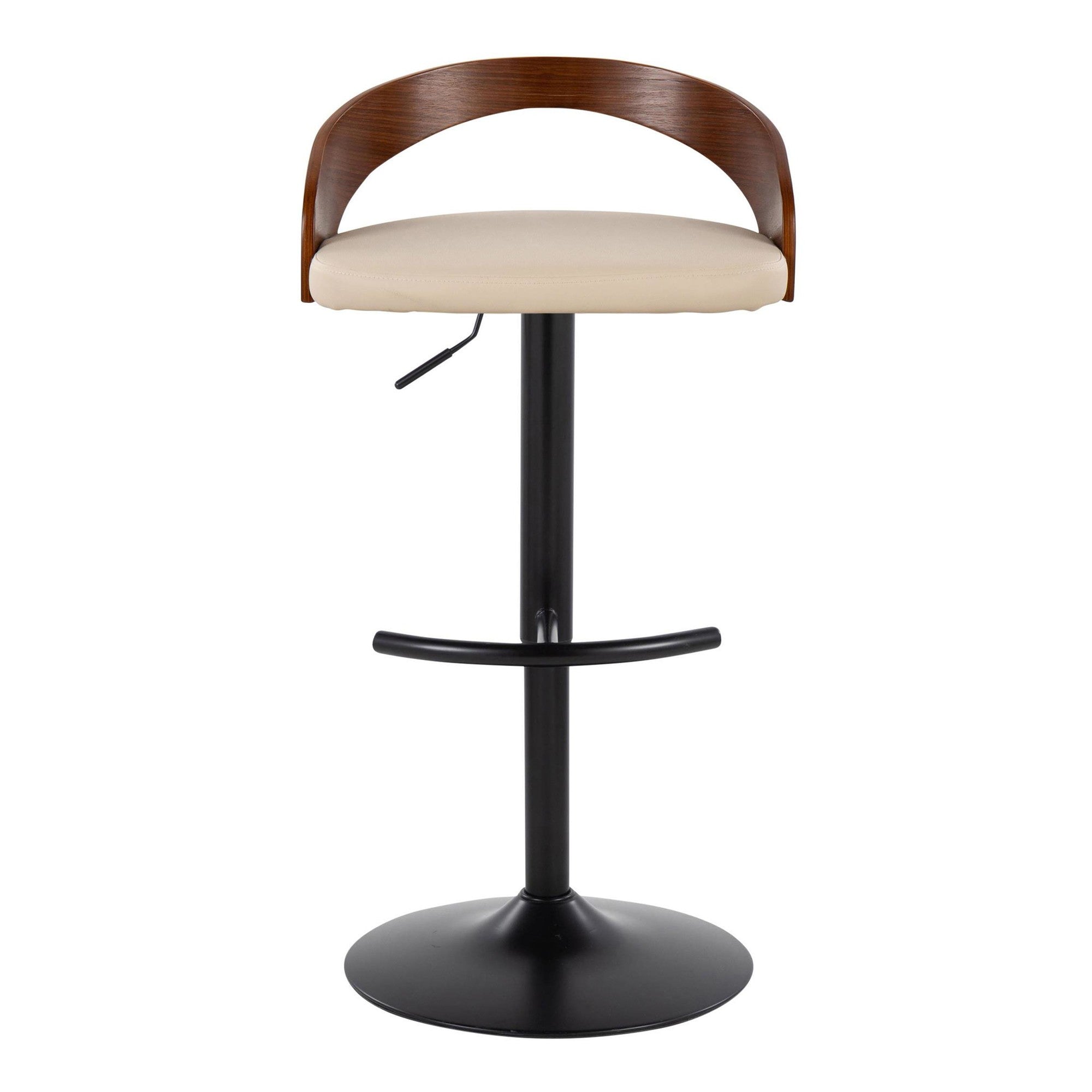 Grotto Adjustable Barstool - Black Metal, Walnut Wood, Cream PU