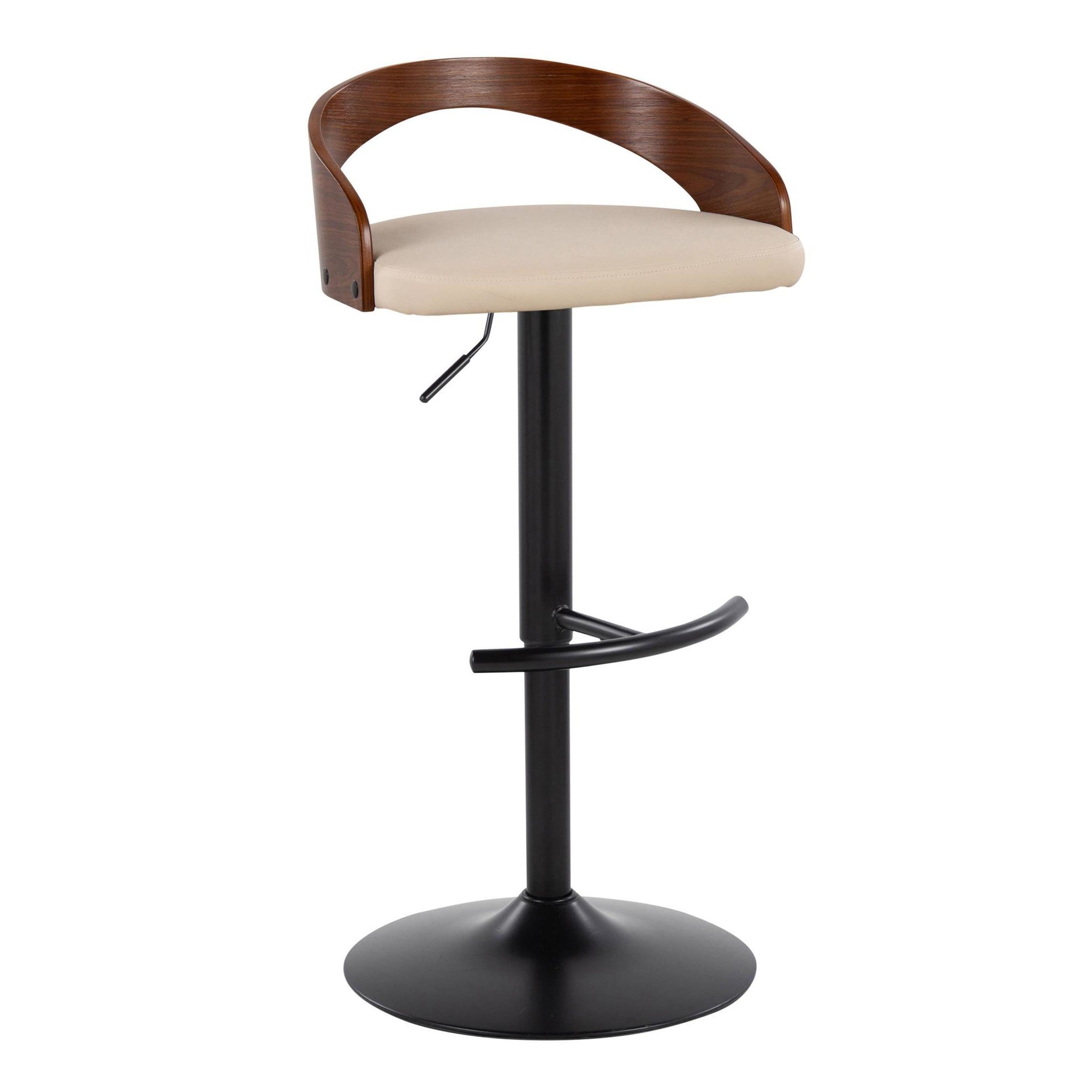 Grotto Adjustable Barstool - Black Metal, Walnut Wood, Cream PU