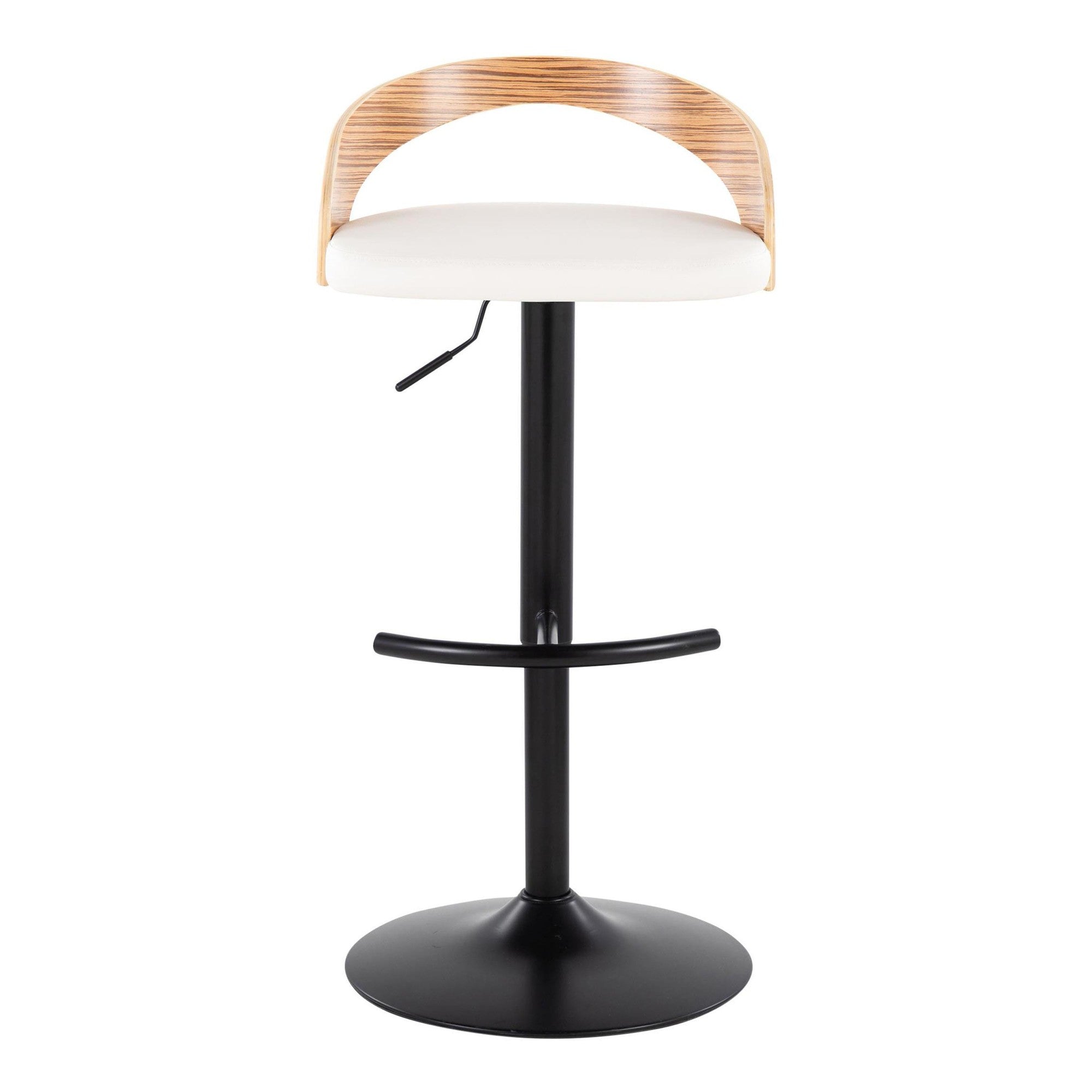 Grotto Adjustable Barstool - Black Metal, Zebra Wood, White PU
