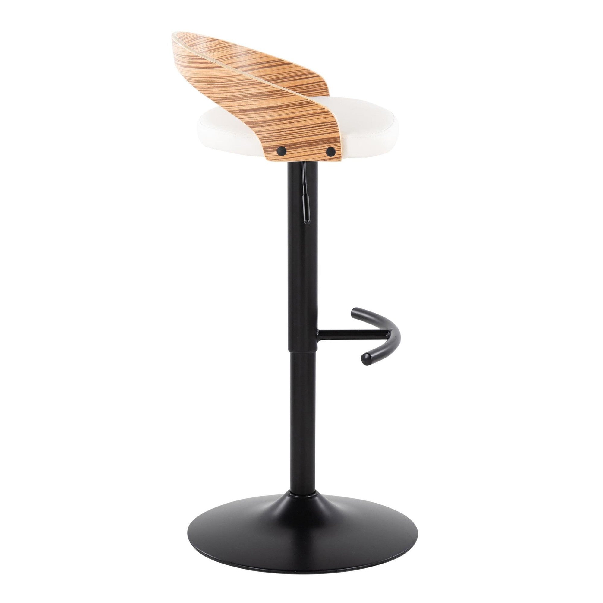 Grotto Adjustable Barstool - Black Metal, Zebra Wood, White PU