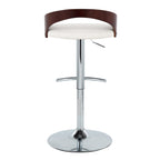 Grotto Adjustable Barstool - Chrome Metal, Mahogany Wood, White PU
