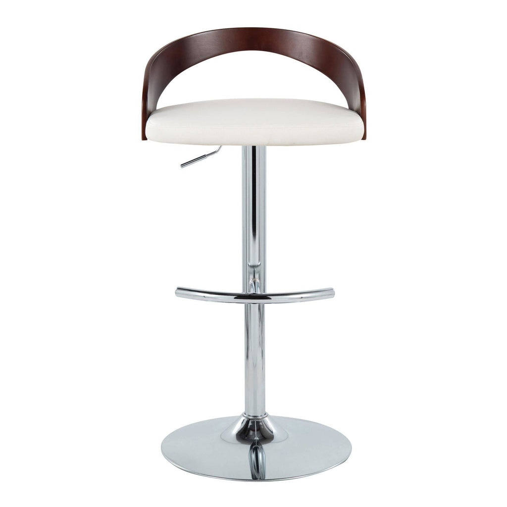 Grotto Adjustable Barstool - Chrome Metal, Mahogany Wood, White PU