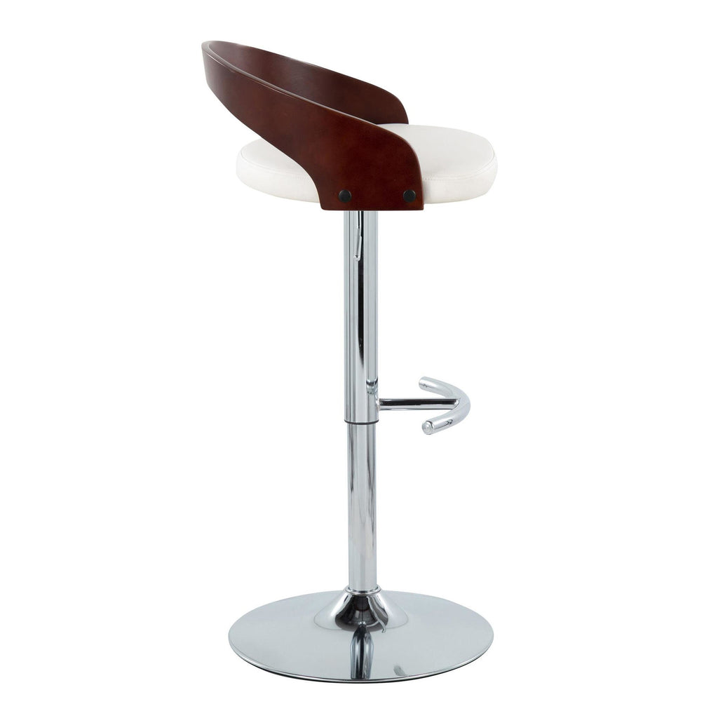 Grotto Adjustable Barstool - Chrome Metal, Mahogany Wood, White PU