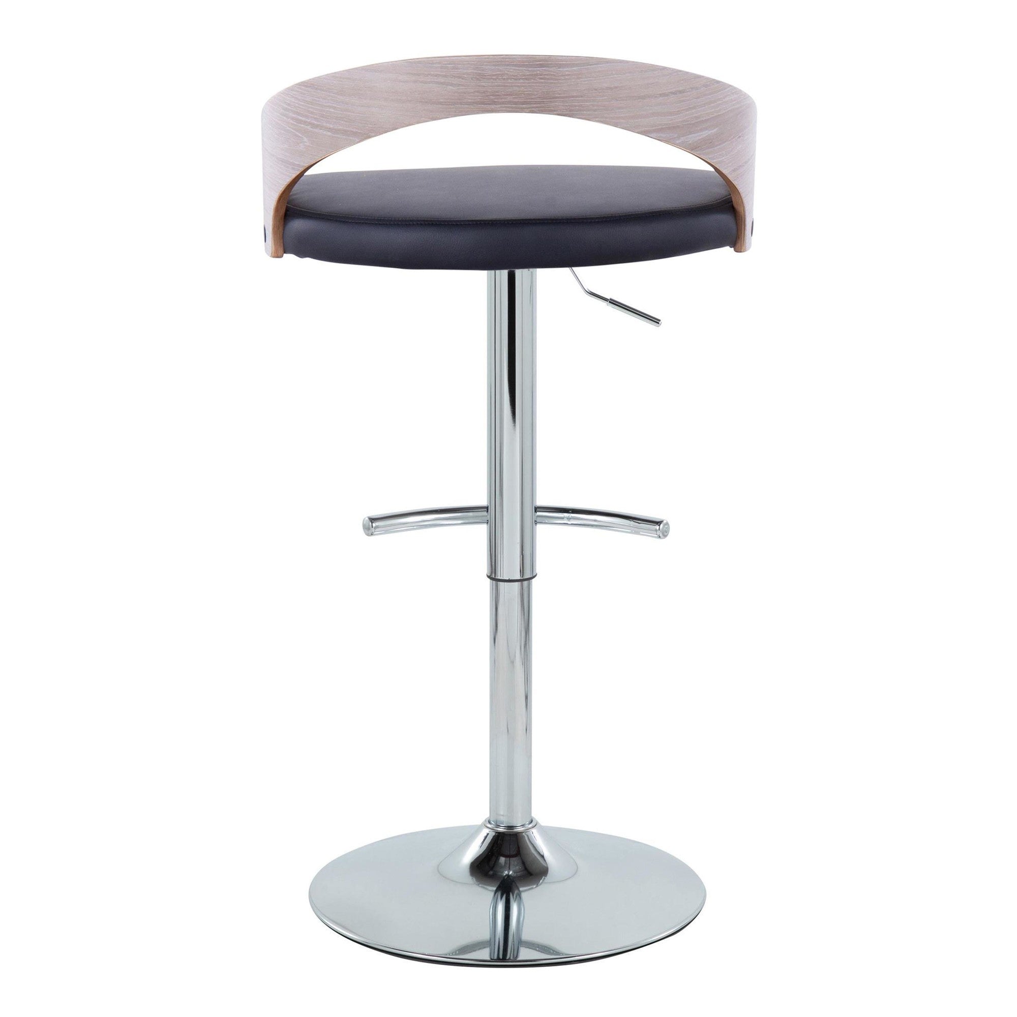 Grotto Adjustable Barstool - Chrome Metal, Light Grey Wood, Black PU