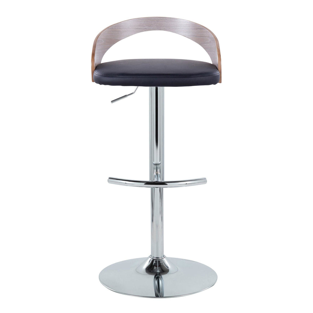 Grotto Adjustable Barstool - Chrome Metal, Light Grey Wood, Black PU
