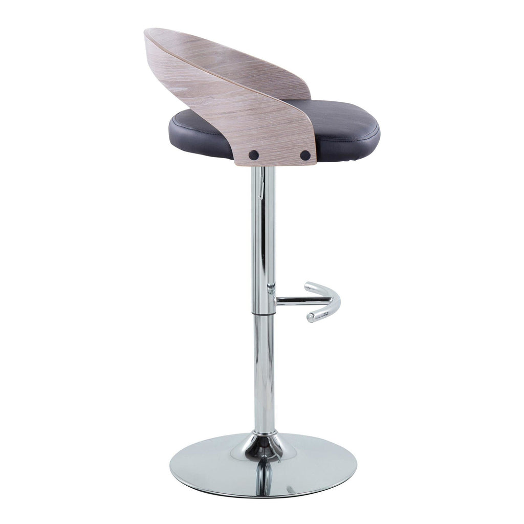 Grotto Adjustable Barstool - Chrome Metal, Light Grey Wood, Black PU