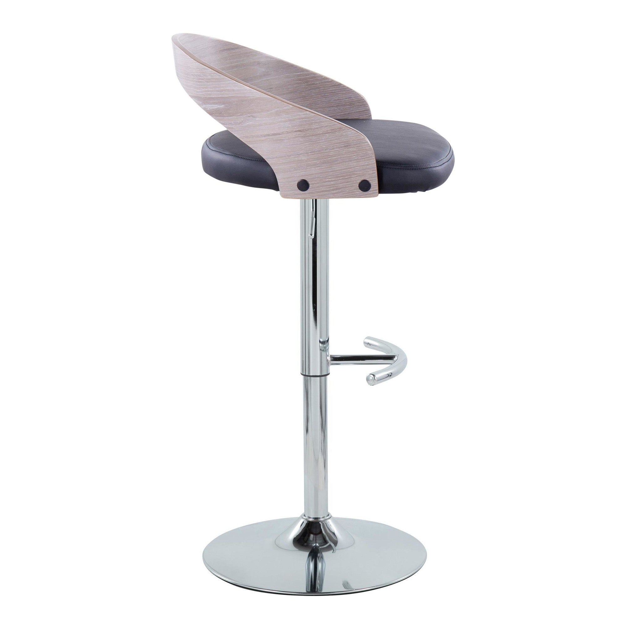 Grotto Adjustable Barstool - Chrome Metal, Light Grey Wood, Black PU
