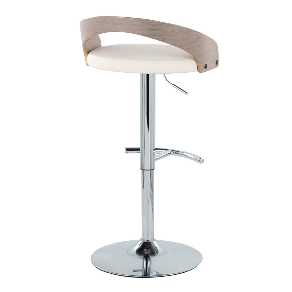 Grotto Adjustable Barstool - Chrome Metal, Light Grey Wood, White PU