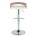 Grotto Adjustable Barstool - Chrome Metal, Light Grey Wood, White PU