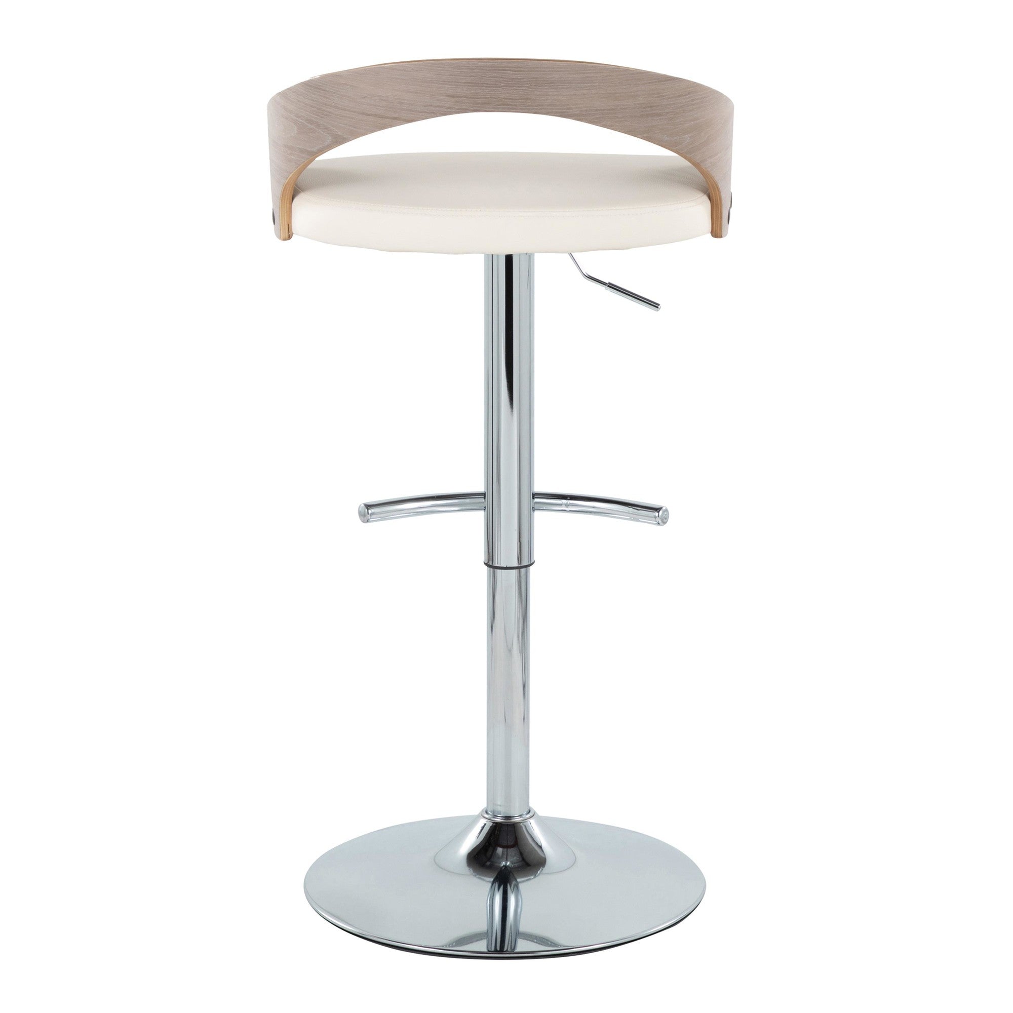 Grotto Adjustable Barstool - Chrome Metal, Light Grey Wood, White PU