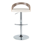 Grotto Adjustable Barstool - Chrome Metal, Light Grey Wood, White PU