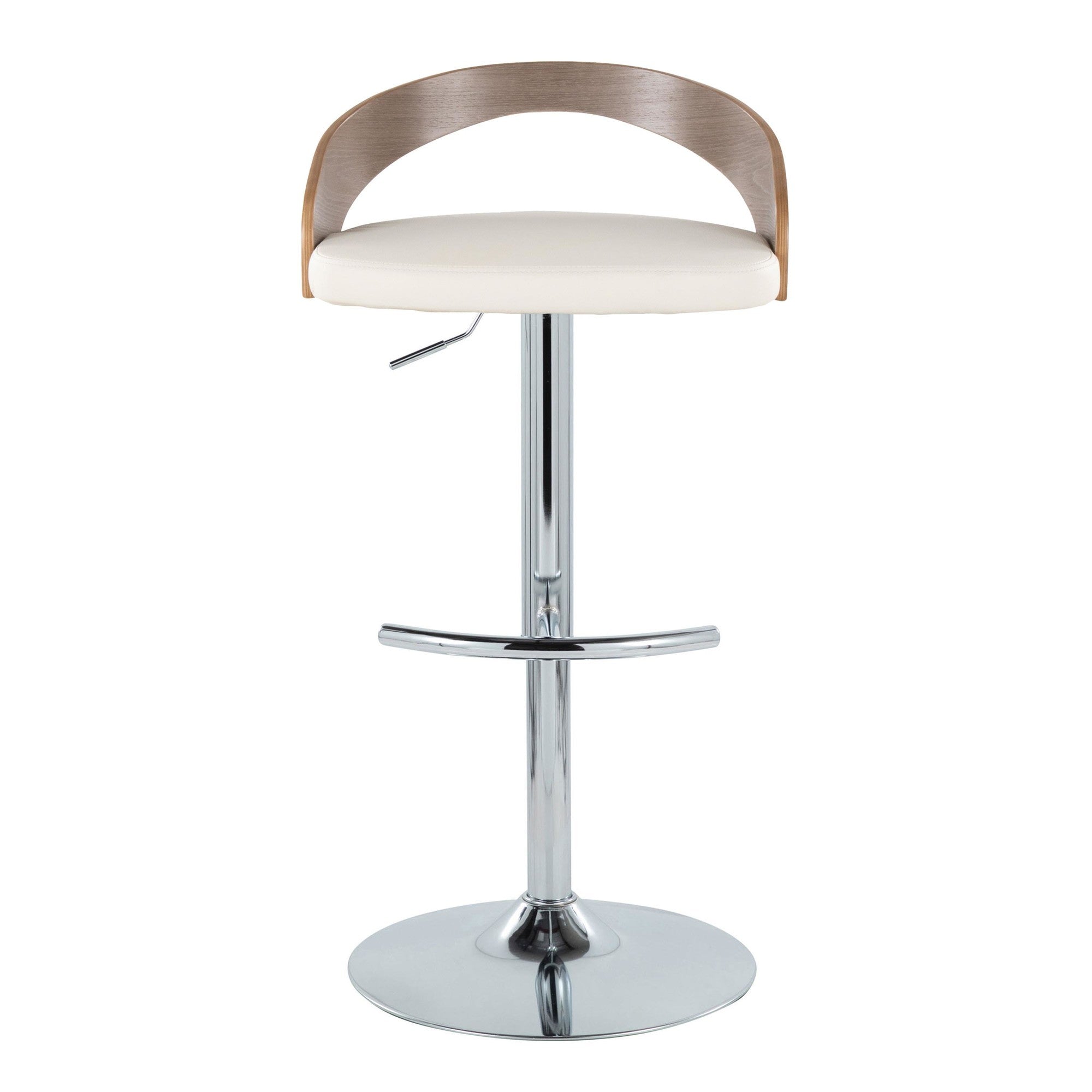 Grotto Adjustable Barstool - Chrome Metal, Light Grey Wood, White PU